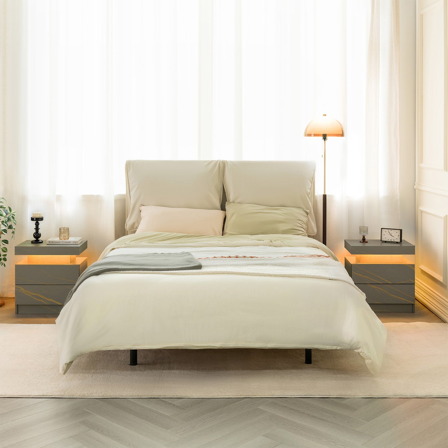 Modern LED Nightstands Set of 2 with Drawers and Cabinet Lights for Bedroom