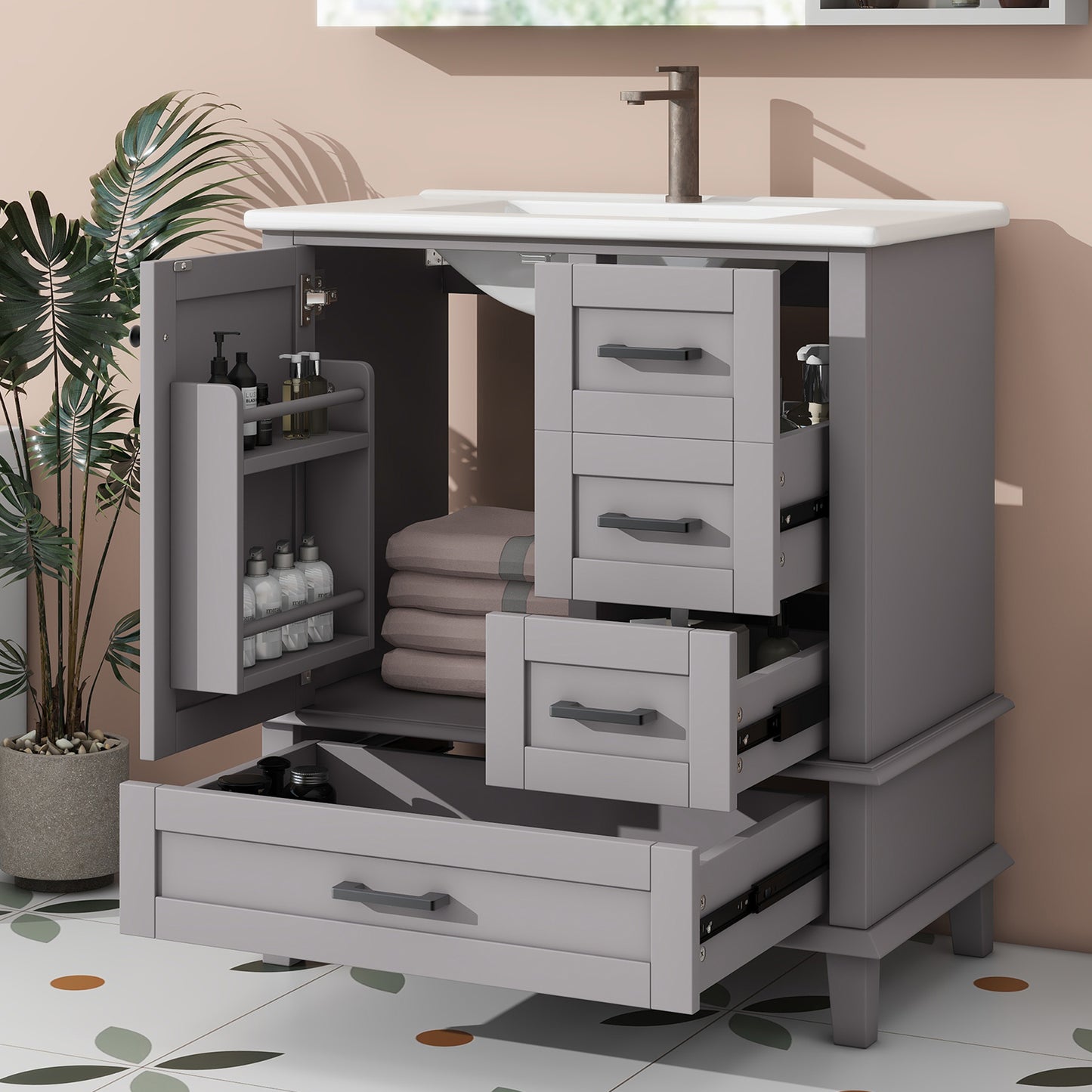 76x46x83,5cm Bodenstehender Badezimmerschrank mit Waschbecken, Waschtisch, Volllackierung, Türregal, drei geräuschlose Schubladen, integriertes Keramikwaschbecken, Grau