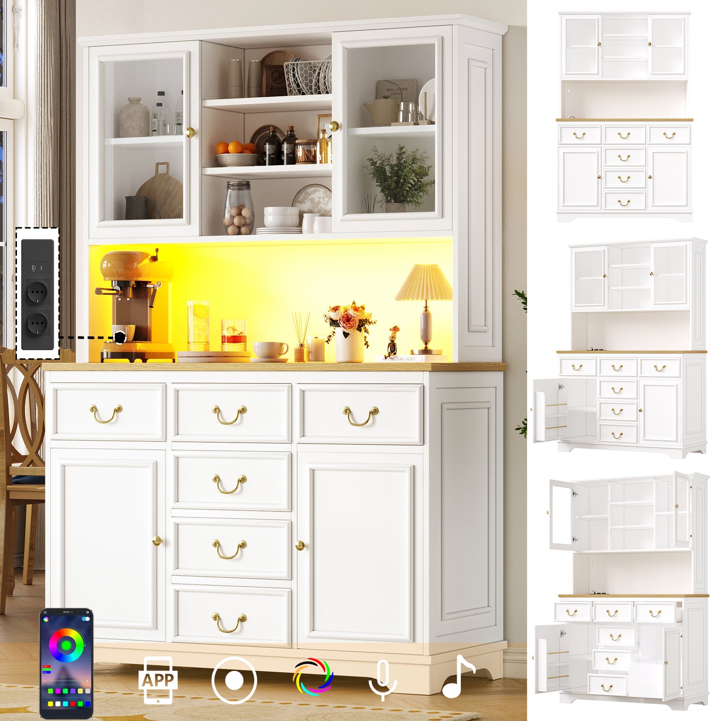 Gigab2b original image - Hoher Küchenschrank mit USB-Anschlüssen und Steckdosen,Sideboard mit LED-Lichtleiste, Küchenschrank, Aufbewahrungsschrank mit Snackregaltüren, Anrichte, Mülleimer können installiert werden, Weiß