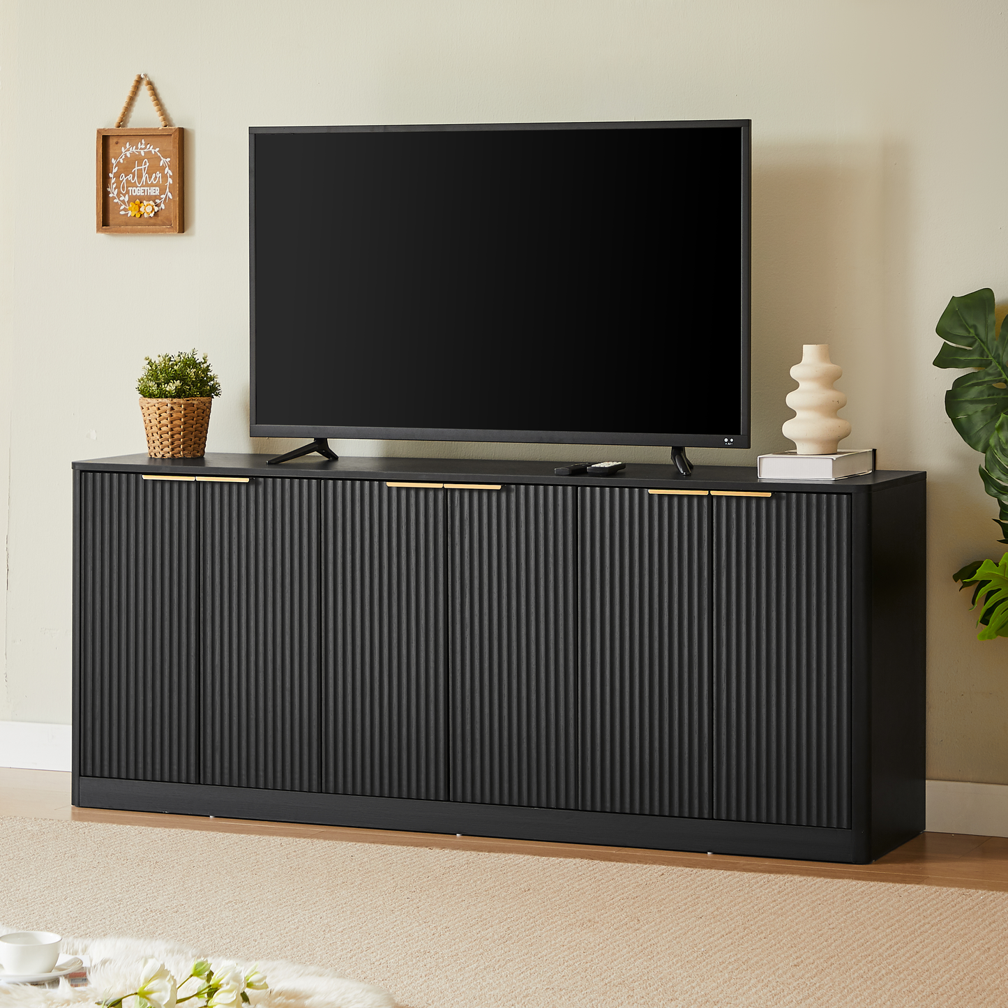 170cm modernes Sideboard mit Wellenform,Aufbewahrungsschrank mit geschwungenem Konturdesign,6-türiger Schrank mit Aufbewahrungsfunktion,geeignet für Küche/Schlafzimmer/Wohnzimmer,Schwarz,170*40*70.5cm
