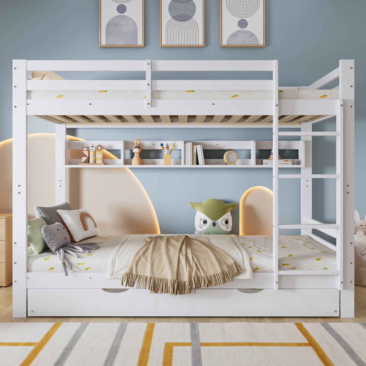Gigab2b original image - Etagenbett, Kinderbett, Ausziehbares Bett mit Rollen, Mit mit einer Reihe von 2 Meter langen Regalen, Stabile Bettlatten und Leiter, Kiefer + MDF+ Sperrholz , Weiß, 90x200cm