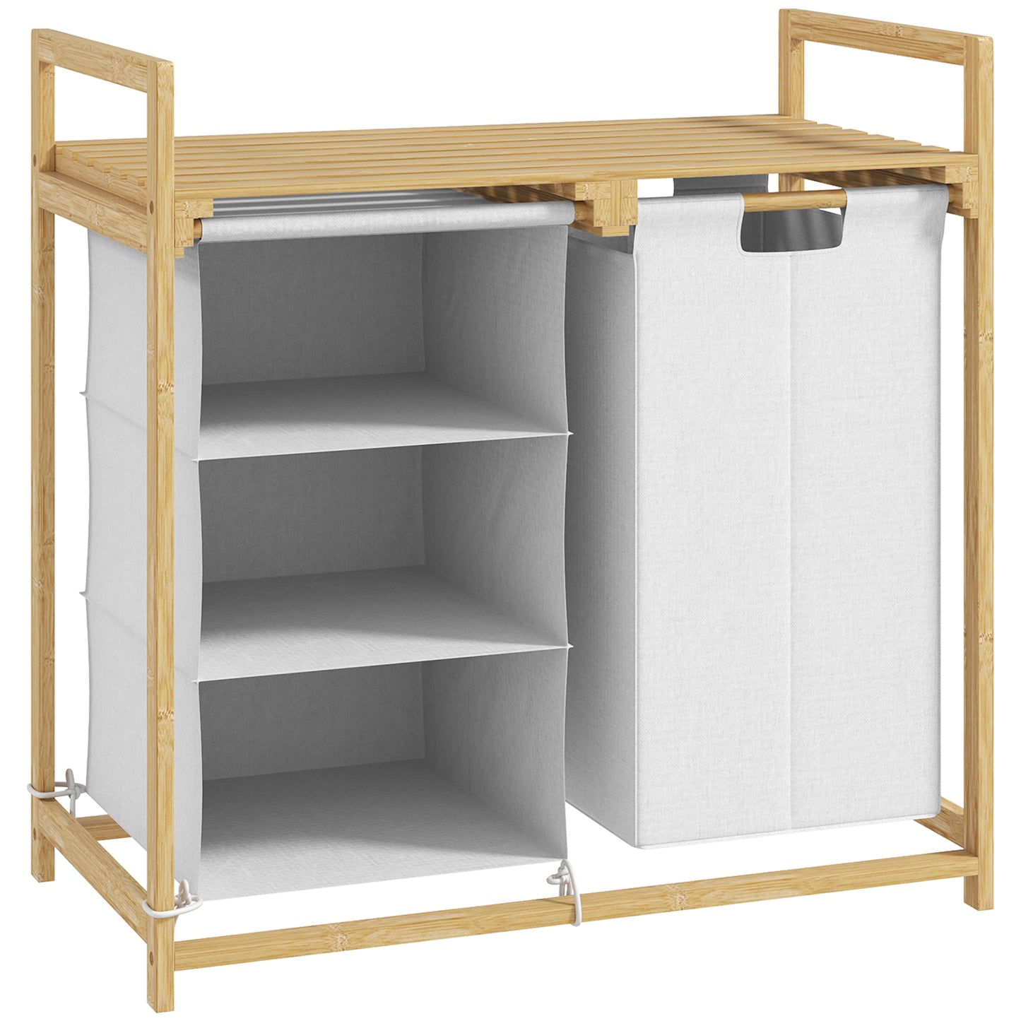 Gigab2b original image - Wäschekorb 4 Fächer Wäschesammler mit 2 ausziehbaren & abnehmbaren Wäschesäcken aus Vliesstoff, Ablage 83L Wäschebox mit Griff Wäschesortierer 70 x 36 x 70 cm Bambus Weiß