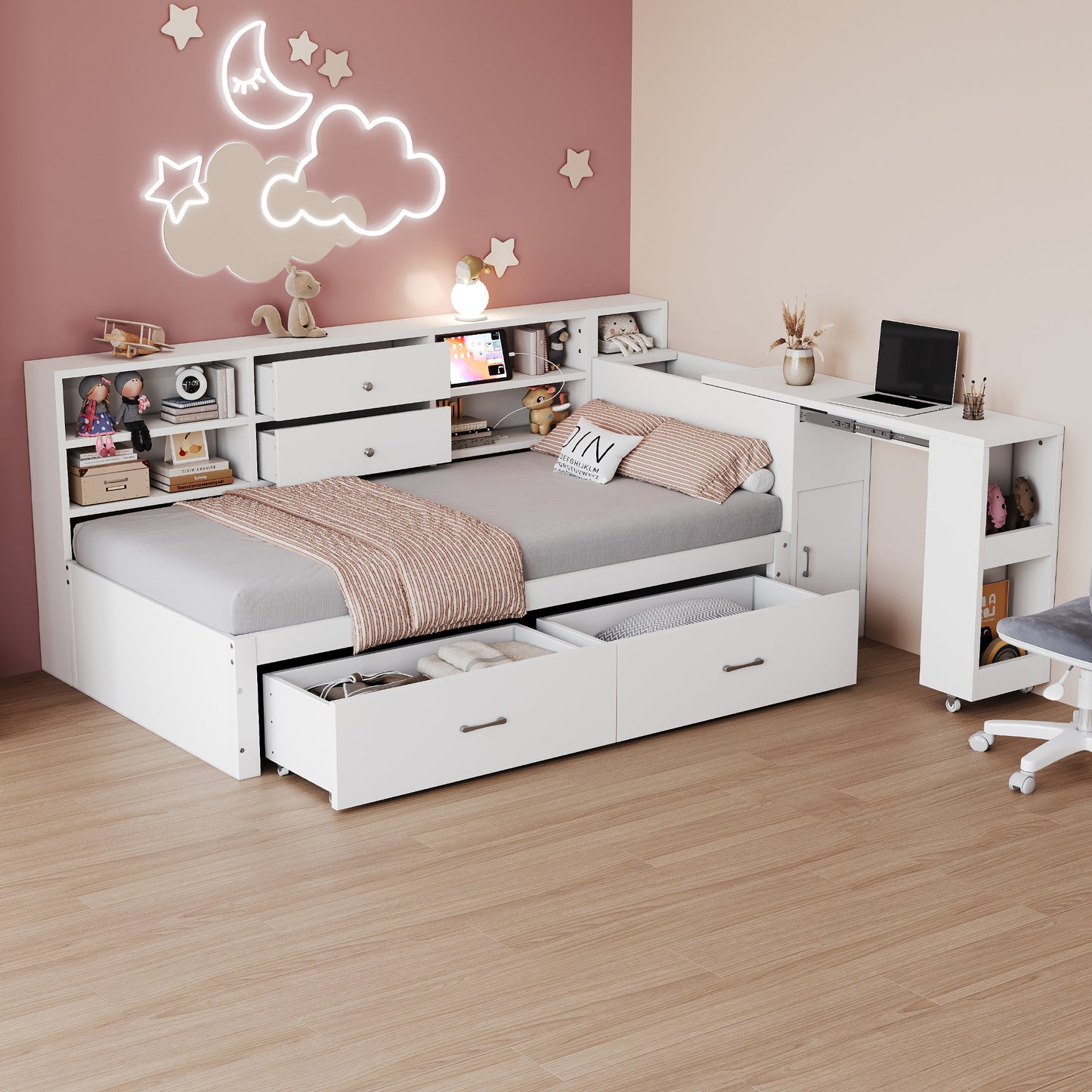Gigab2b original image - Holzschlafsofa 90 x 200 cm, Multifunktionaler Stauraum, Verdeckte Staufächer und Regale, 2 große Schubladen, Multifunktionssteckdose, Ausziehbarer Schreibtisch, Einzelbett, Jugendbett, Holzbett, Weiß