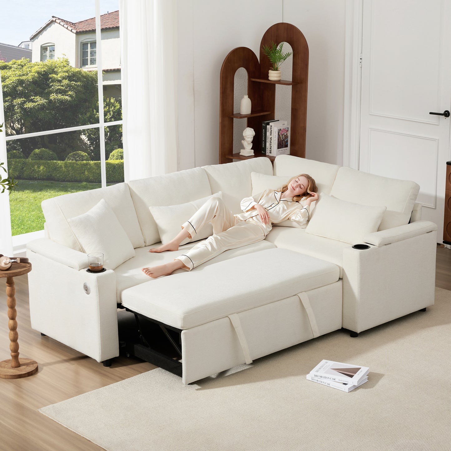 Gigab2b original image - L-förmiges, ausziehbares Ecksofa, Canapé Convertible mit Stauraum, Getränkehalter, USB-Ladeanschluss, Armlehnenablage und vier Kissen. Geeignet für Wohnzimmer, Gästezimmer, Heimkinos und Wohn, Beige
