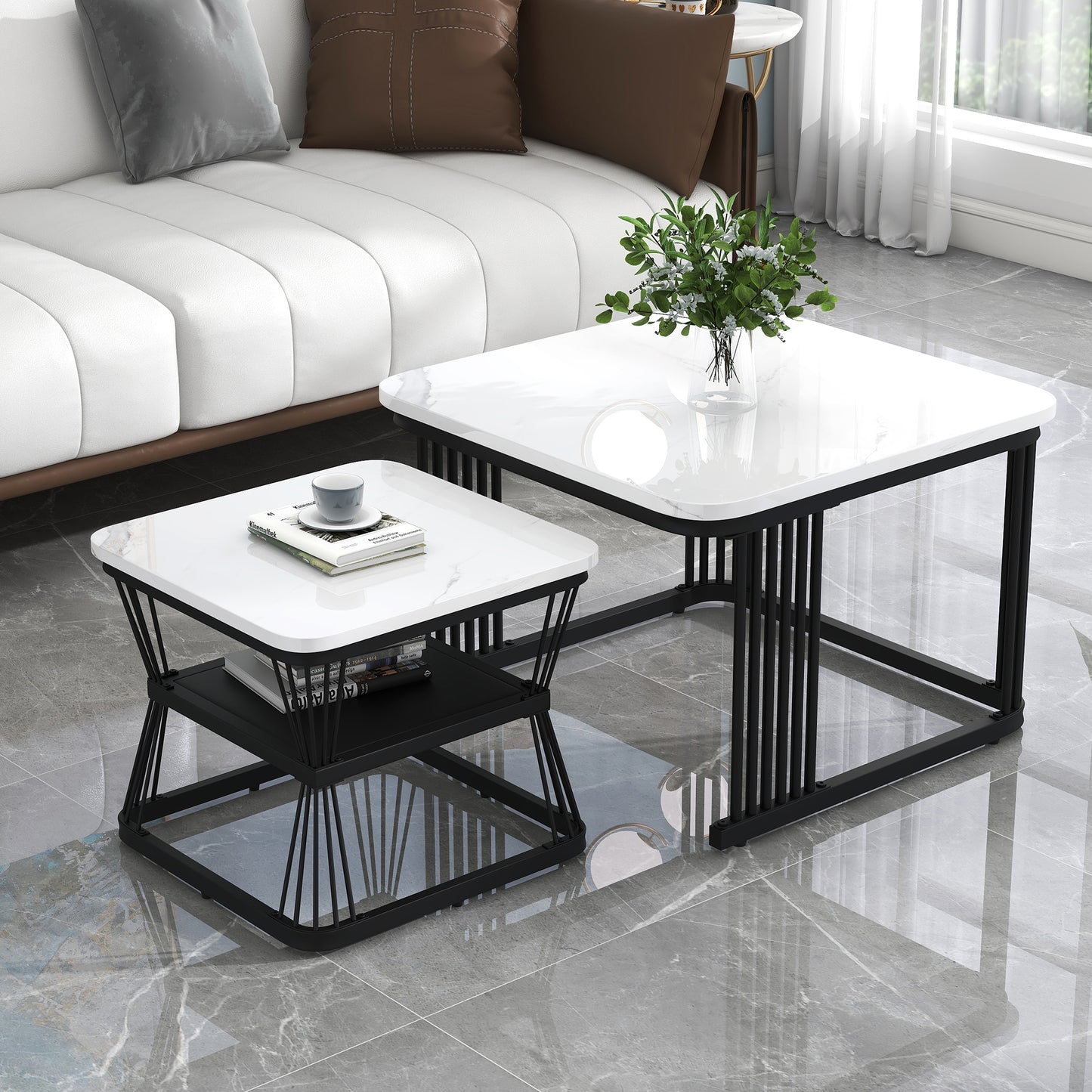 Gigab2b original image - N625P173136Z)2er-Set moderne Beistelltische, MDF in Marmoroptik, Stahlrohr weiß hochglänzend schwarz, 2 Tische mit den Maßen 65x65x45 cm und 45x45x39,5 cm
