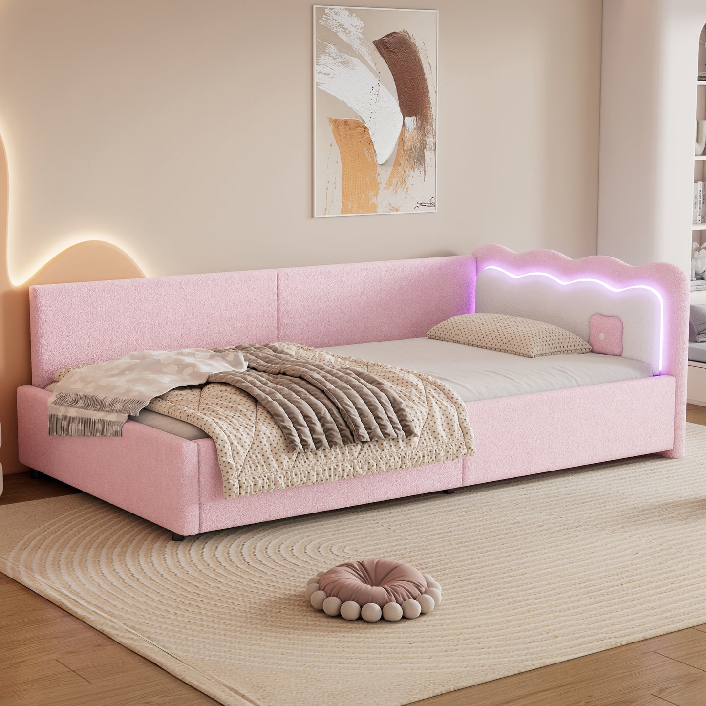 Daybett, Tagesbett, Schlafsofa, 90*200cm, LED-Umgebungslicht, Bett mit Lattenrost (ohne Matratze), Vliesimitat, Rosa