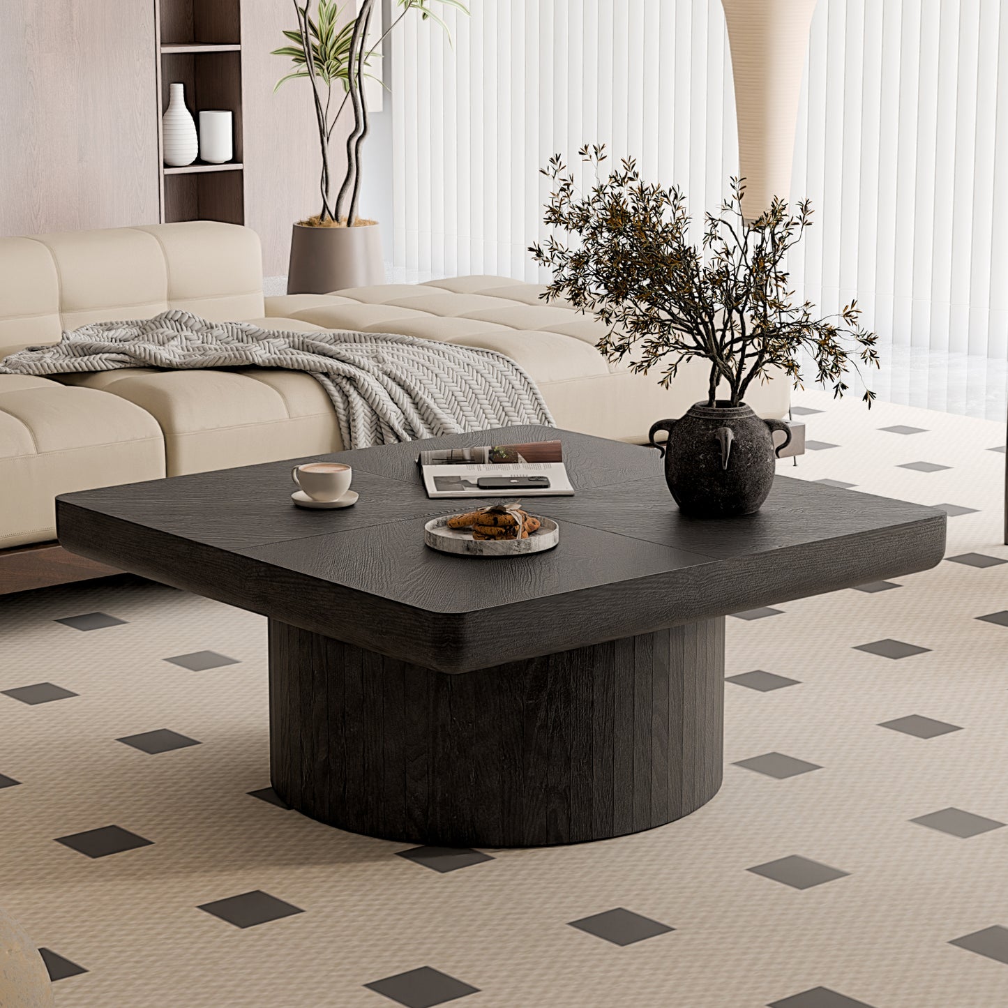 78cm Square Coffee Table for Living Room, Modern Wood Veneer Top with Parquet Pattern & Cylindrical Base, Thickened Tabletop, Easy Assembly, Black