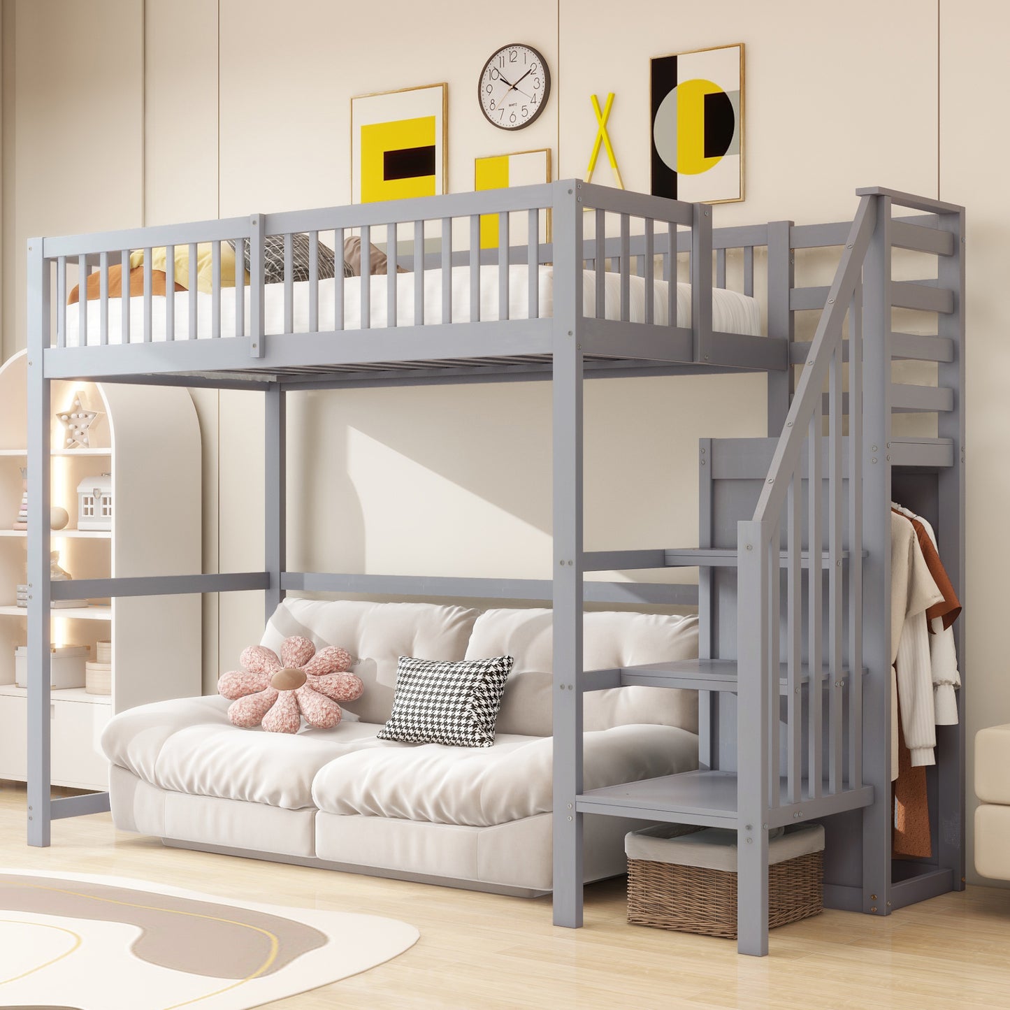 Gigab2b original image - Hochbett 90x200 mit Treppe, Kinderbett aus Holz mit Aufbewahrungsregal, einfacher Kleiderschrank Grau