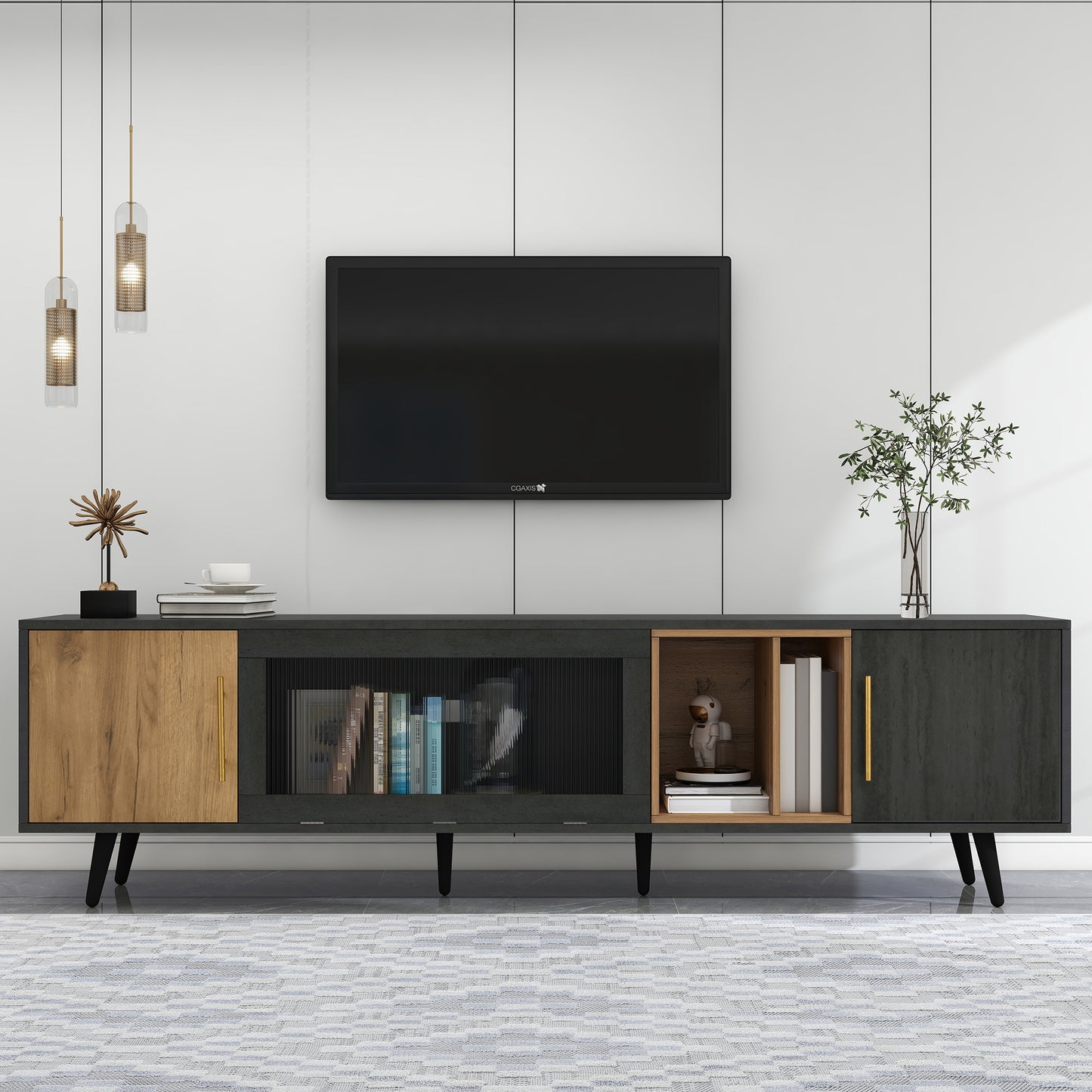 307691692GAA)Eleganter TV-Schrank, 200x40x55,5 cm, dunkles Holz, grau und Holzmaserung, für einen 90-Zoll-Fernseher geeignet