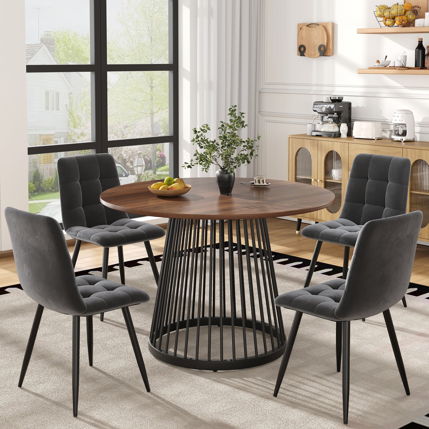 Gigab2b original image - Esstisch-Set (5-teilig), modernes Esstisch-Set (mit 4 Stühlen), Küchen-Esstisch-Set, runder Küchentisch mit 80 cm Durchmesser und schwarzen Metallbeinen, Walnussfarbener MDF-Platte, Samtstühle