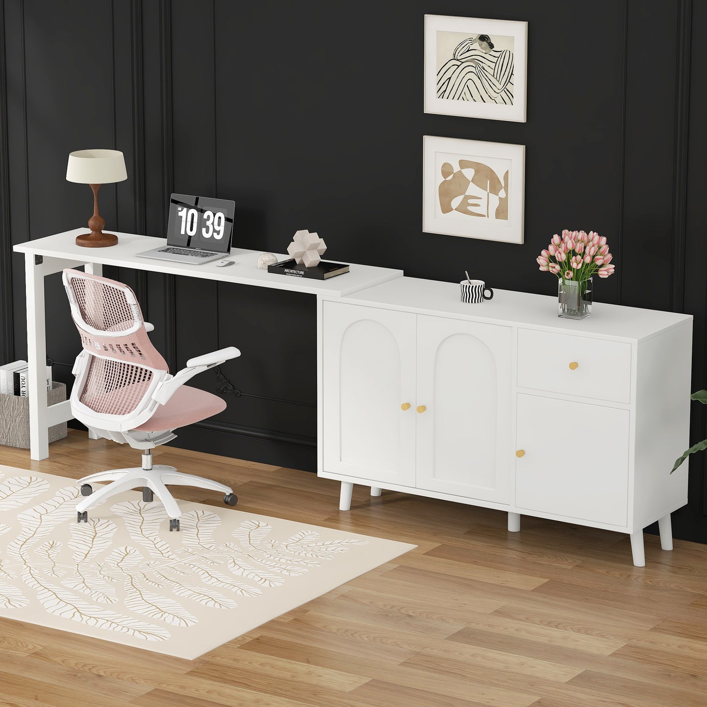 Gigab2b original image - Multifunktionaler 2 in 1 Schreibtisch und Sideboard – 360° drehbar, 3 Türen 1 Schublade – Eleganter Computertisch, Eckschreibtisch, Frisiertisch, Schreibtisch,Sideboard