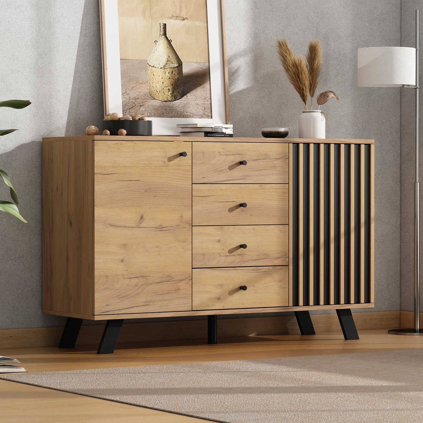 120*38*75cm Wohnzimmer Sideboard,Hohldesign Schrank mit 4 Schubladen,Beistelltisch mit 2 Schränken, 120cm breite Kommode, vielseitig einsetzbar,Wohnzimmerschrank mit 5 Massivholzbeinen,Holzfarbe
