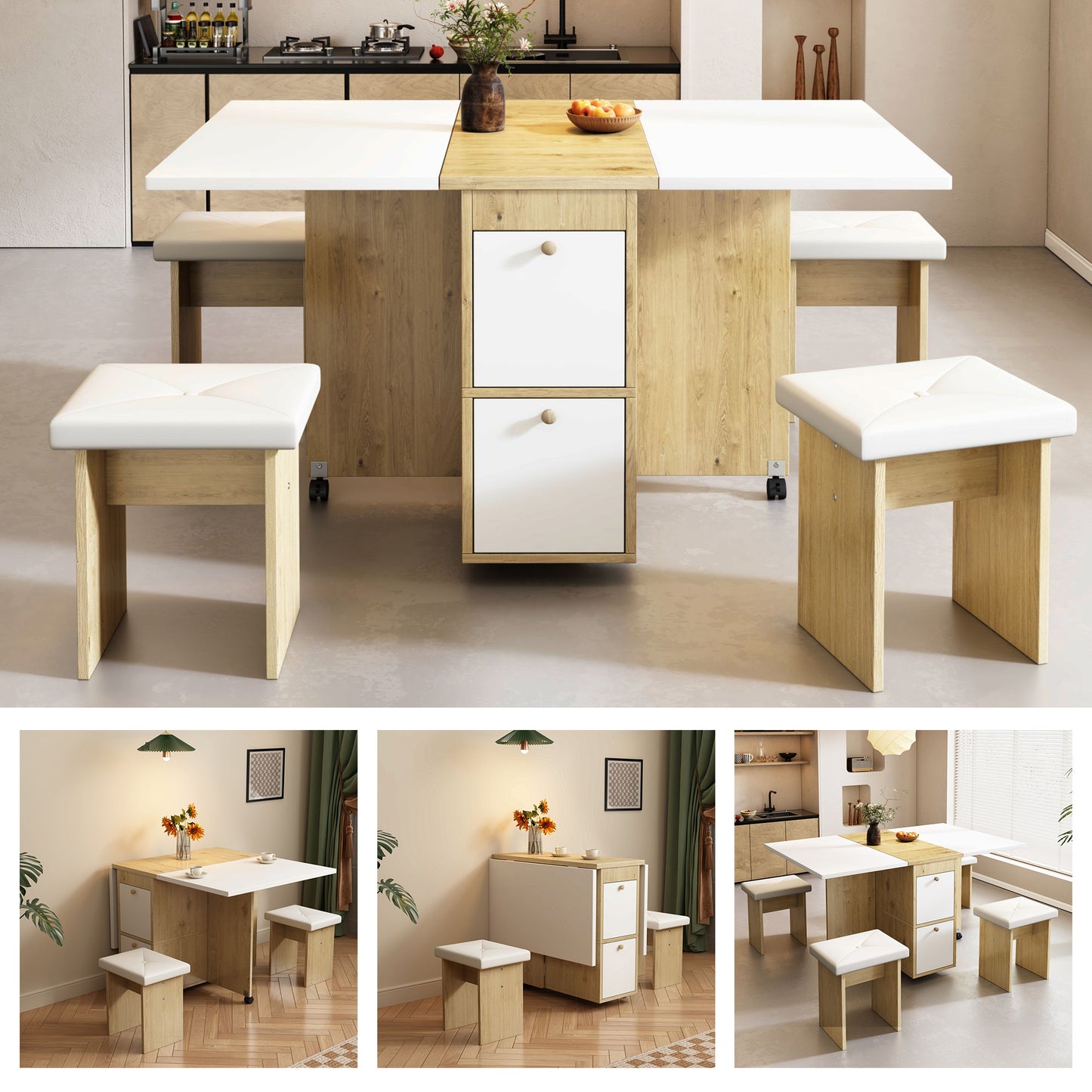 Gigab2b original image - Esstisch-Set, (mit Esstisch, 4 Stühlen), klappbarer Esstisch,120*80*75cm, ausziehbarer Esstisch, multifunktionaler ausziehbarer Esstisch, Esszimmerstühle, Weiß + Eiche
