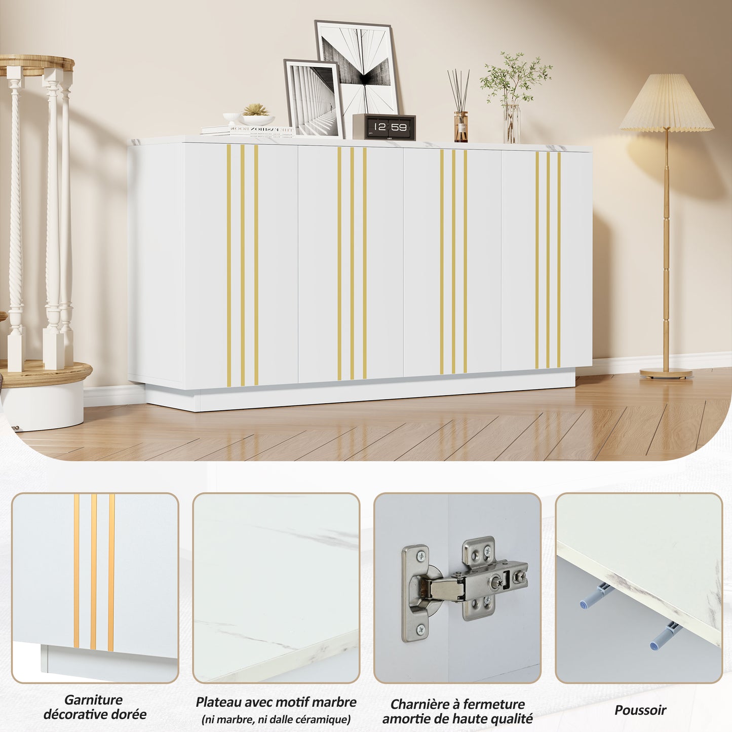 Wohnzimmer-Sideboard, Aufbewahrungsschrank mit 4 Türen, 35 x 140 x 70 cm.Design mit vergoldeten Linien,Spind mit verstellbaren Trennwänden,Kabinett,Geeignet für Wohnzimmer und Schlafzimmer,Weiß + Gold