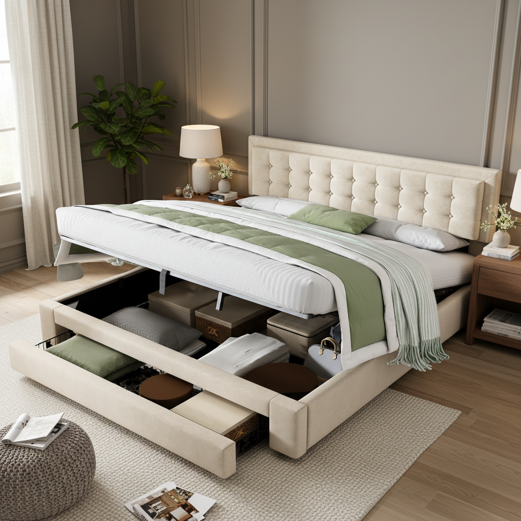 Bett mit Kasten und Schubladen, Samtstoff, Polsterbett, Lattenrost, Doppelbett, großer Stauraum, 180 x 200, beige