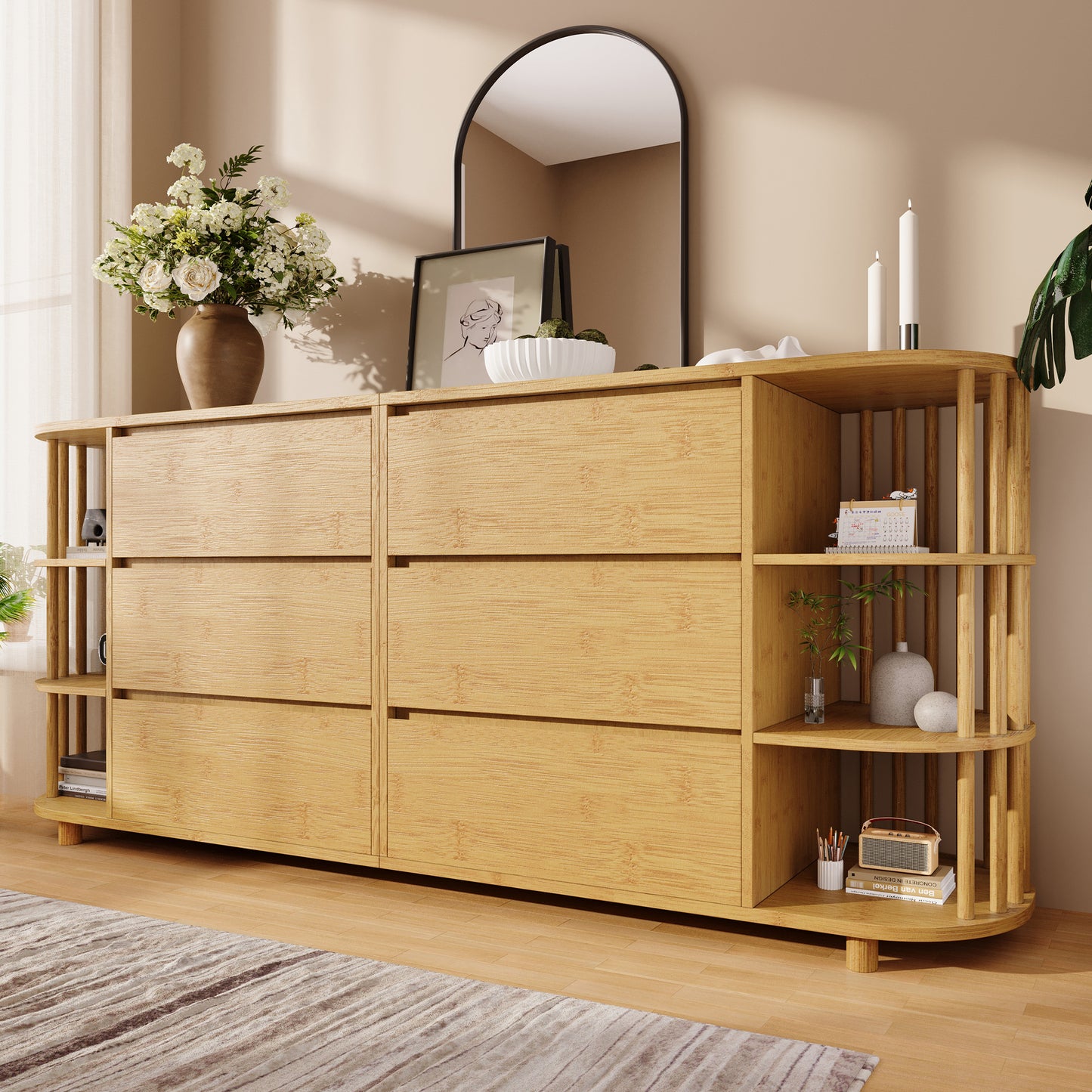 Gigab2b original image - Kommode Sideboard 160cm Eiche, Römisches Design mit Säulen & Bambus-Regalen, 6 Schubladen & offene Regale, Höhenverstellbare Füße, H75/B160/T40 cm