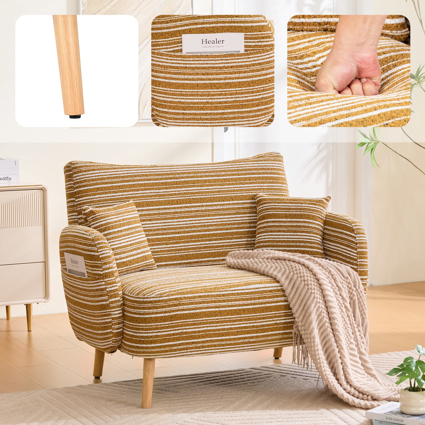 Gigab2b original image - Modernes Zweisitzer-Sofa im Stil, mit superbequemen Armlehnen, Armlehnenkissen und Aufbewahrungstasche, tiefes Zweisitzer-Sofa, komfortables modernes Sofa für Schlafzimmer(Senfgelb Bouclé)