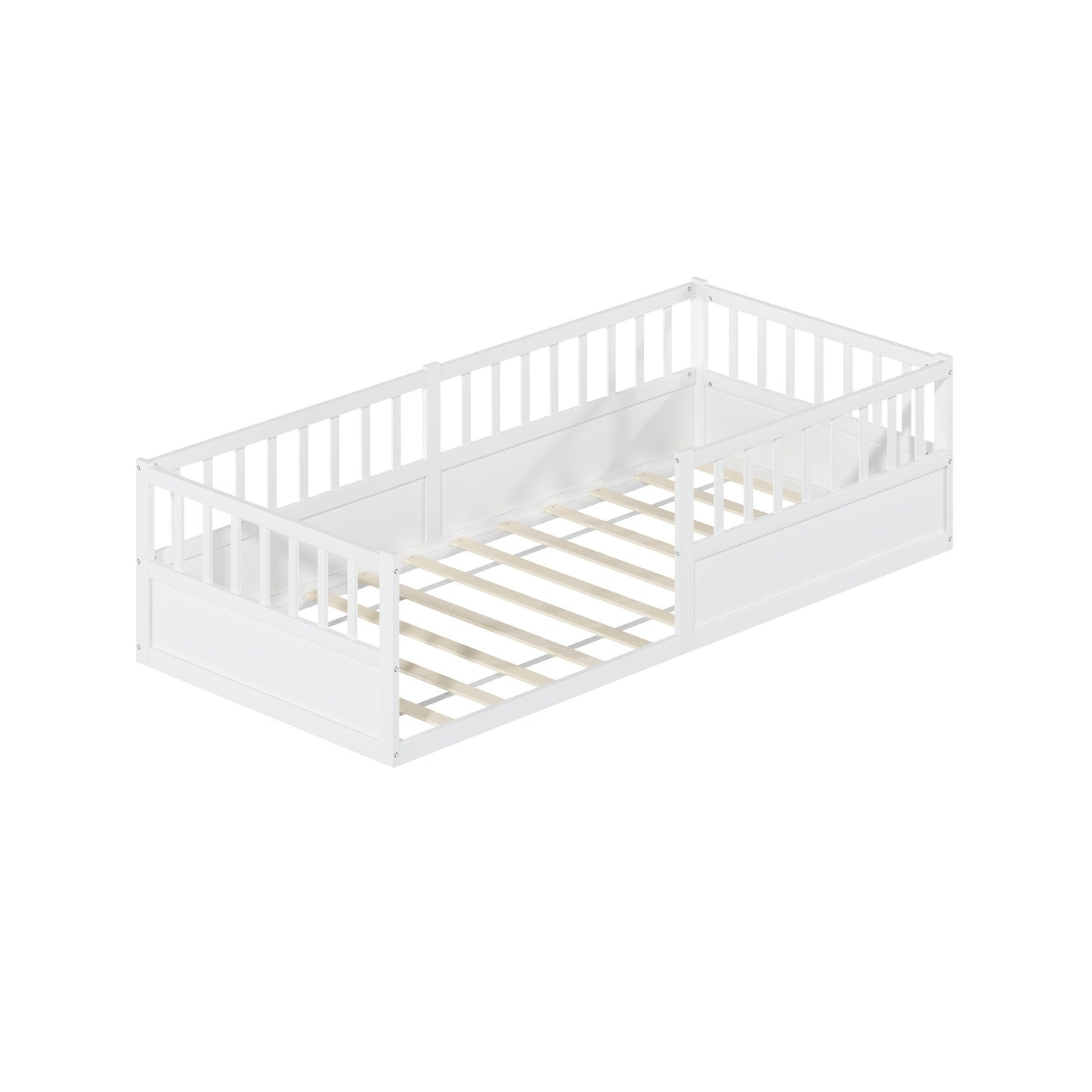 Solid Wood Montessori Floor Bed with Safety Railing and Slatted Frame