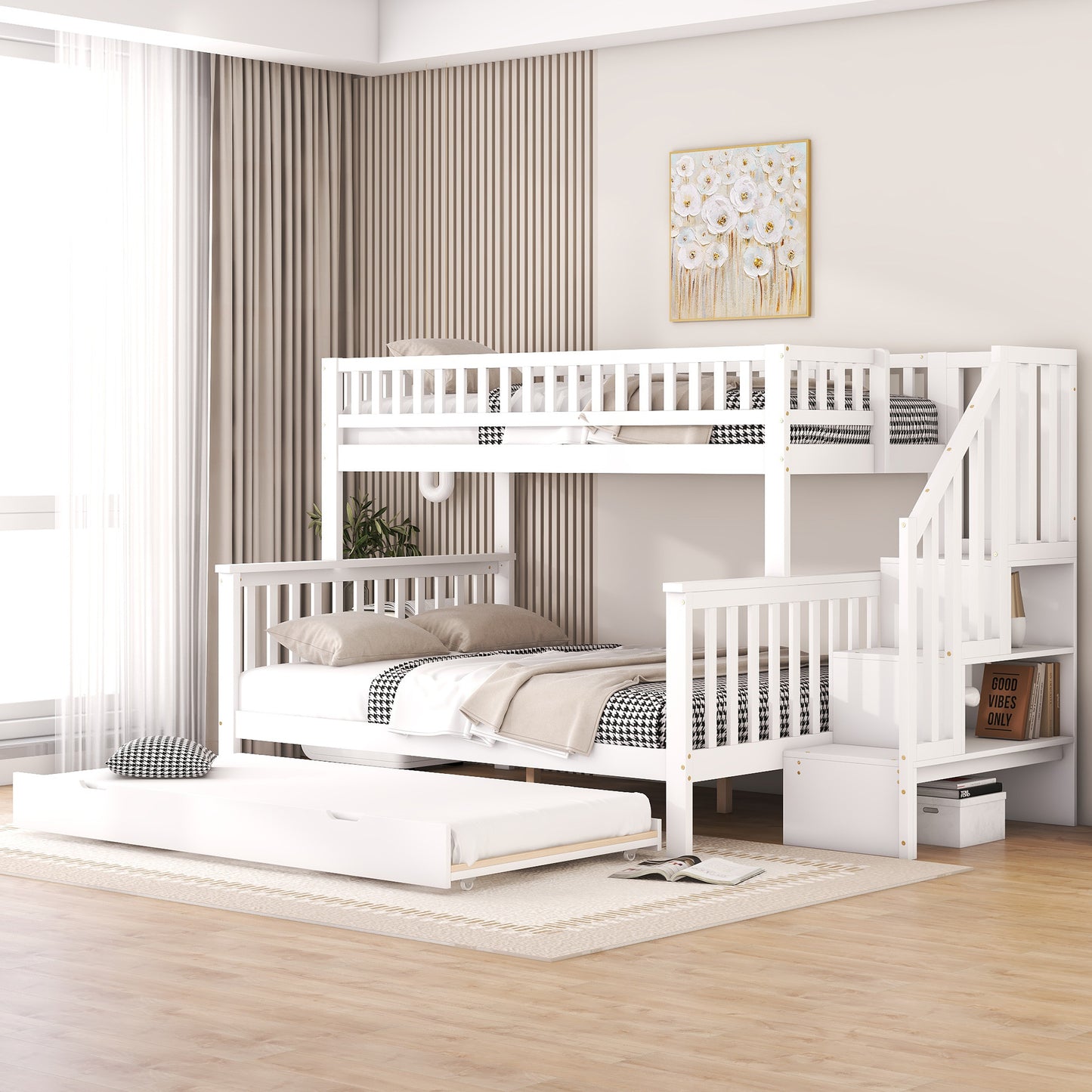 Gigab2b original image - Etagenbett, 90 x 200cm und 140 x 200cm , Bett mit Lattenrost (ohne Matratze), Kinderbett, Kiefer, Bett mit Rollcontainer und Treppe, weiß