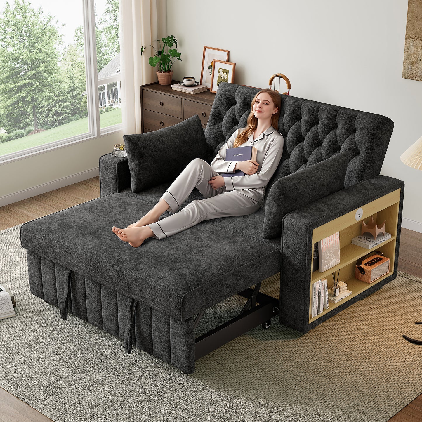 Gigab2b original image - Multifunktionales Schlafsofa, modernes Klappsofa mit Stauraum und Schlaffunktion, Getränkehalter, USB-Ladeanschluss und Kissen, platzsparende Couch für Wohnzimmer, Schlafzimmer und Gästezimmer, Gray