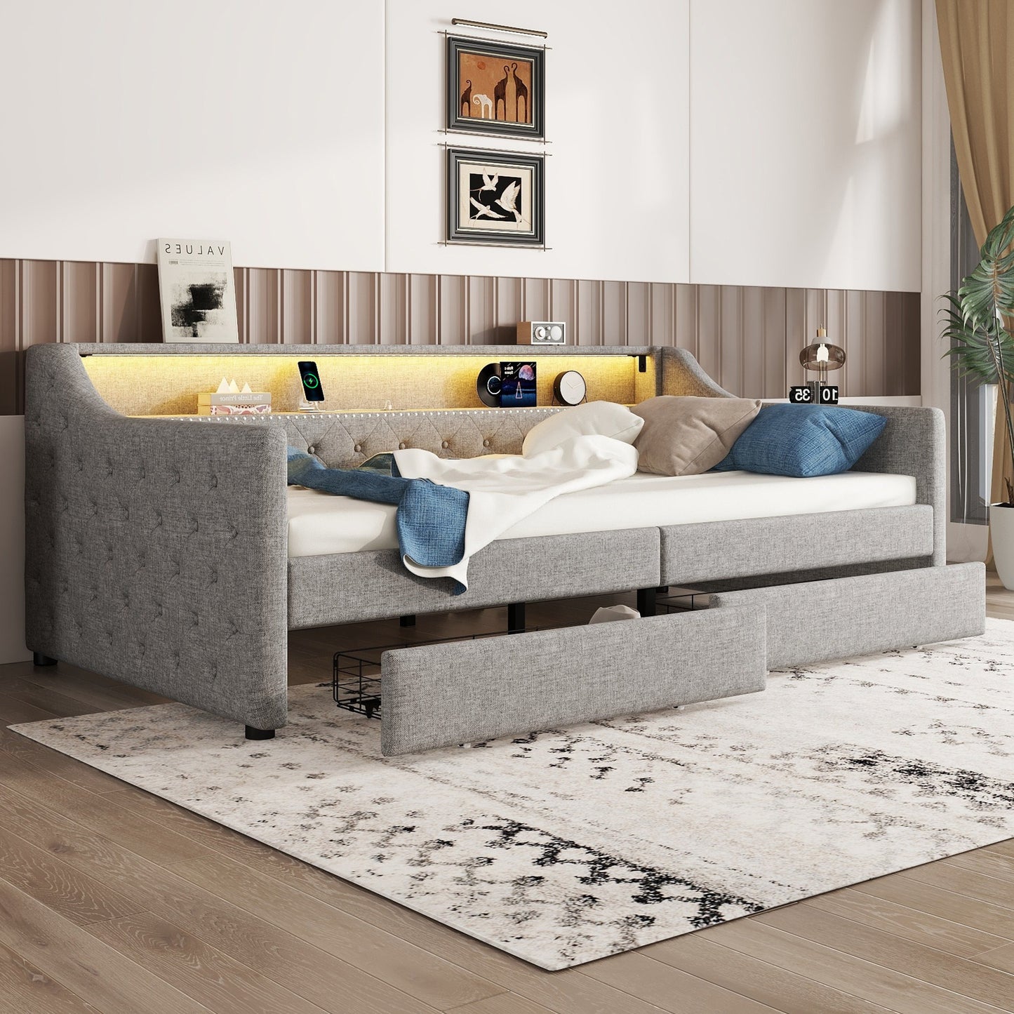 Daybett, 90 x 200cm, Schlafsofa, Tagesbett mit Lattenrost (ohne Matratze), Ambientelicht mit Fernbedienung, Bett mit zwei Schubladen, USB-Ladebuchse, Linen, Grau