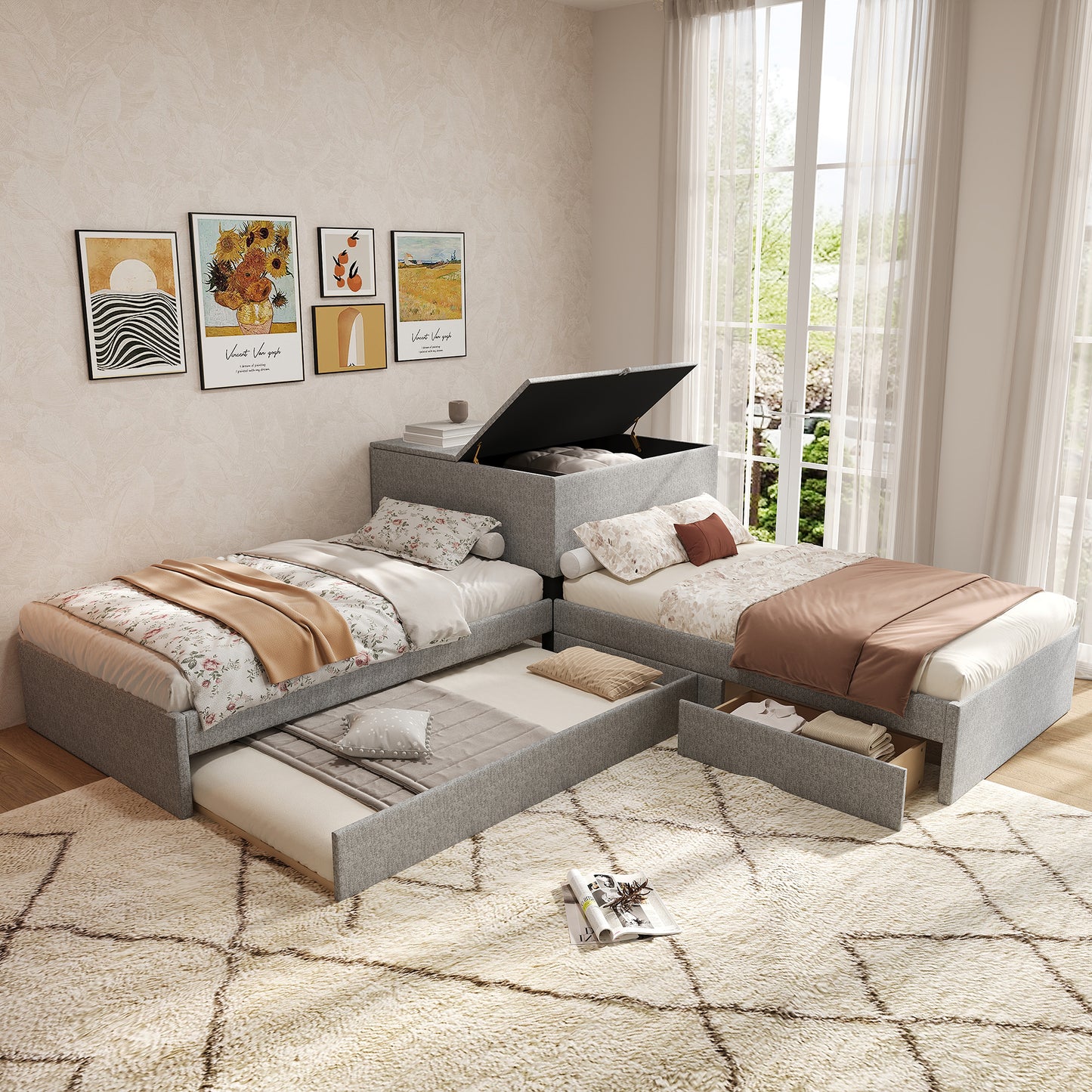 Gigab2b original image - Eckbett, zwei Einzelbett mit Ausziehbett, Polsterbett, Funktionsbett mit Stauraum, mit Stauraumschrank, mit Stauraumschublade, mit Ausziehbett, 90x200 cm, ohne Matratze, Leinen, grau