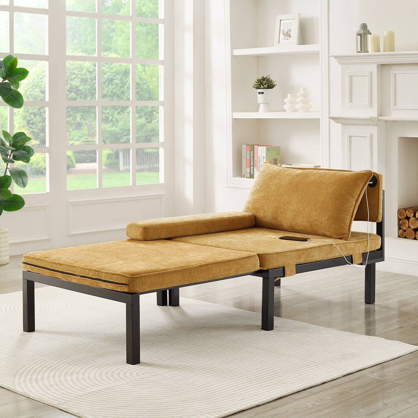 2 in 1 Folding Sofa Bed with Sleeping Function & USB/TypeC Ports, Extendable Single Chair with Cushion, Space-Saving Guest Bed for Living Room,Bed Room,Study,Balcony,Lofts,Small Apartment - Yellow