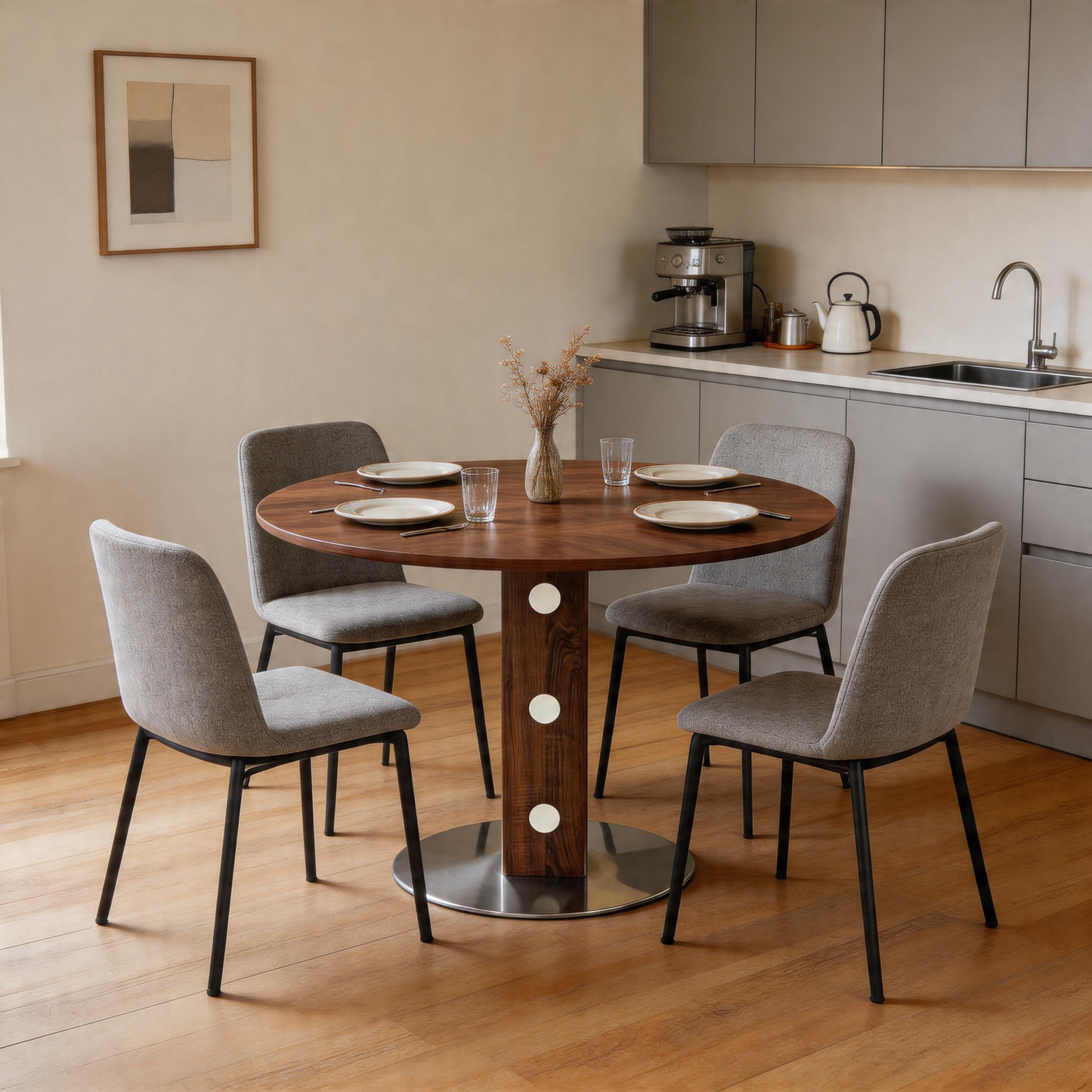 Gigab2b original image - Moderner runder Esstisch mit quadratischem Holzpedestal und Spiegelakzenten, Walnuss-Holzmaserung & Metallfuß, 100cm Durchmesser, 2–4 Personen, ideal für Küche, Esszimmer & kleine Räume