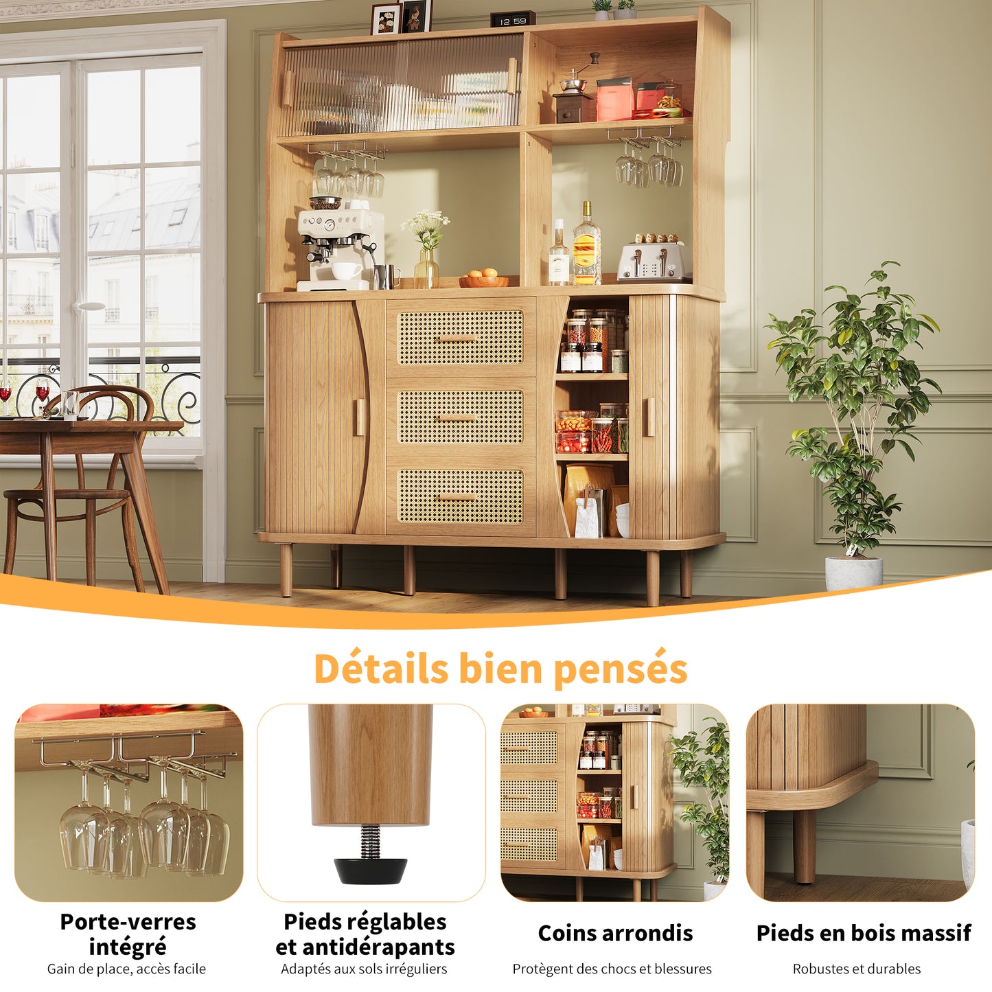 High-Quality Rattan Buffet Cabinet with Glass Doors and Storage