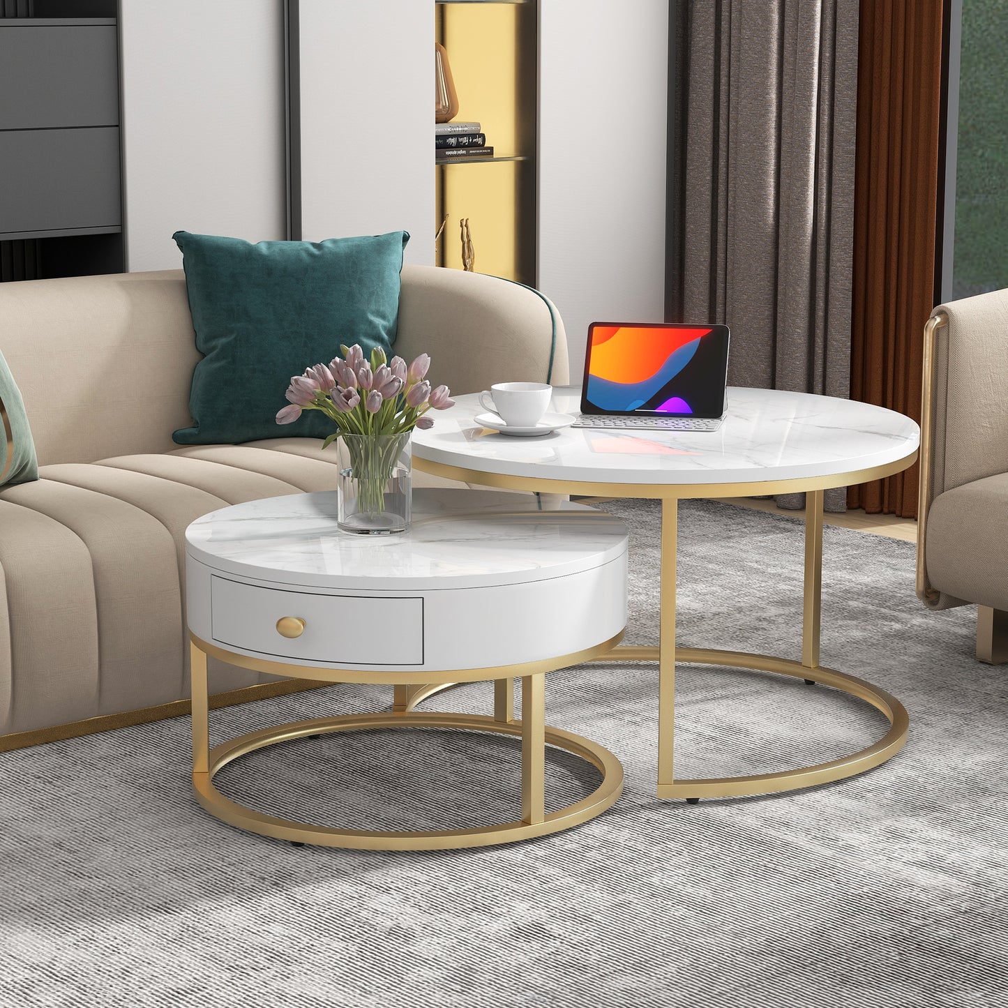 Gigab2b original image - WF303615AAW instructions change)Moderner Nesting Couchtisch Hochglanz Marmormuster 2er Set runde Couchtische Runder Nested Beistelltisch
