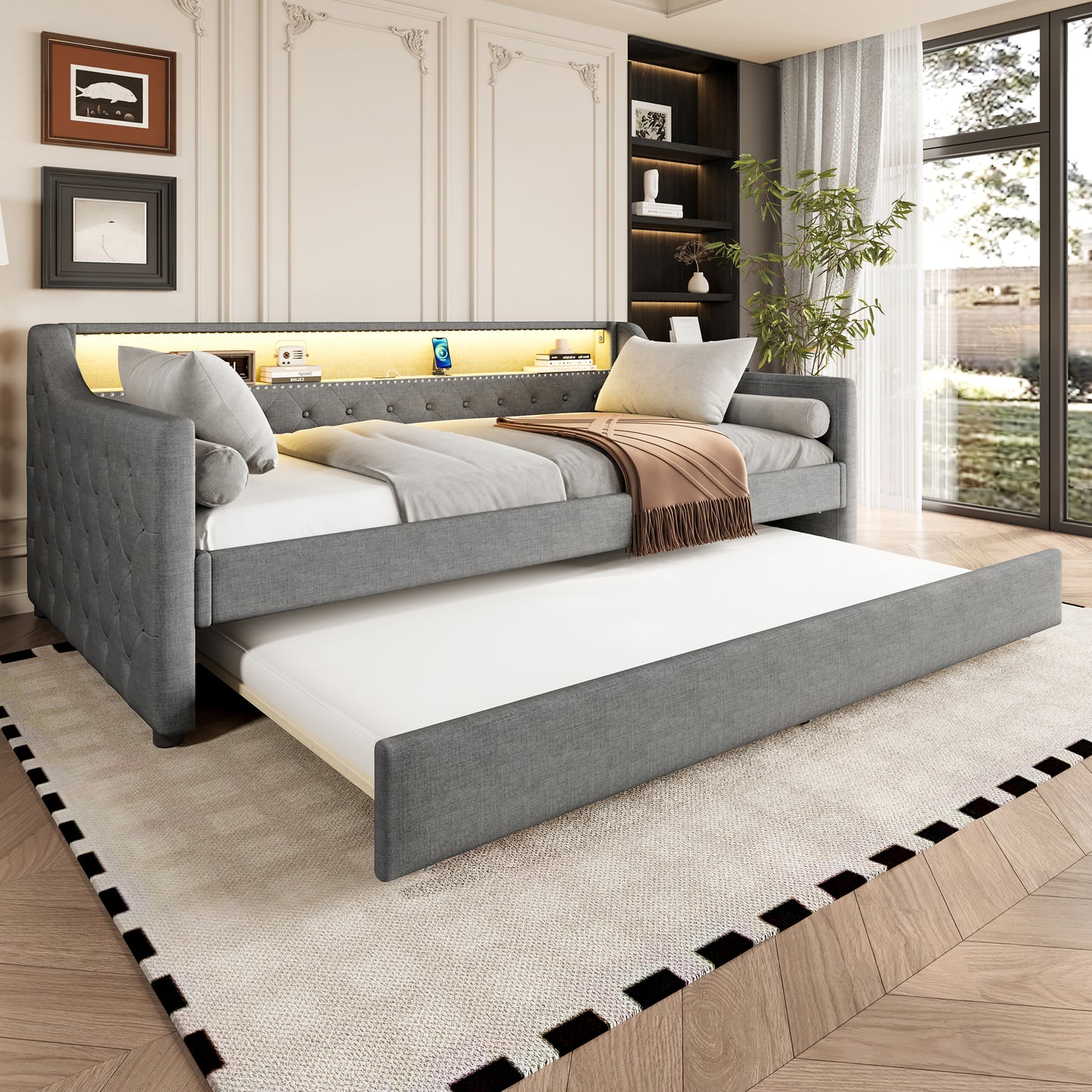 Daybett, 90 x 200cm, Schlafsofa, Tagesbett mit Lattenrost (ohne Matratze), Mit LED-Leuchten, Bett mit ausziehbarem Bett, USB-Ladebuchse, Linen, Grau