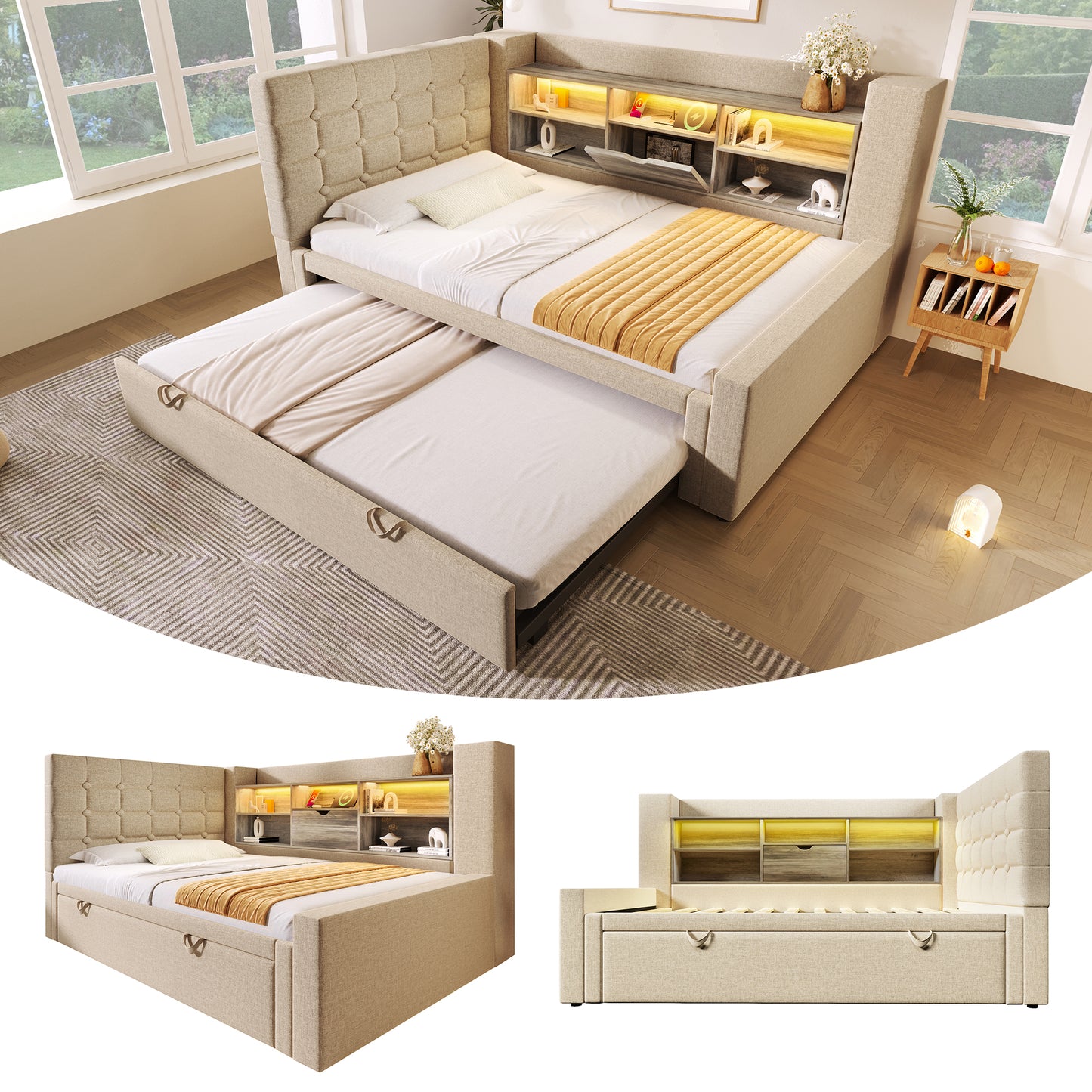 Gigab2b original image - Polsterbett Bett 90x200 cm mit Ausziehbett 90x190, und LED-Beleuchtung,Struraumbett, L-förmigem Kopfteil mit Stauraum, beidseitig montierbar, Lattenrost, Leinen, Beige (Ohne Matratze)
