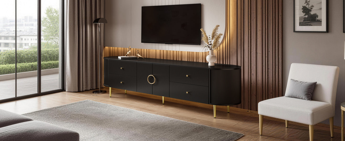 TV-Schrank, Lowboard, dreidimensionale Wellenstruktur, abgerundete Kanten, MDF-Korpus, Aluminiumgriffe, Eisenfüße, fester Einlegeboden, Kabeldurchlass, Wohnzimmer