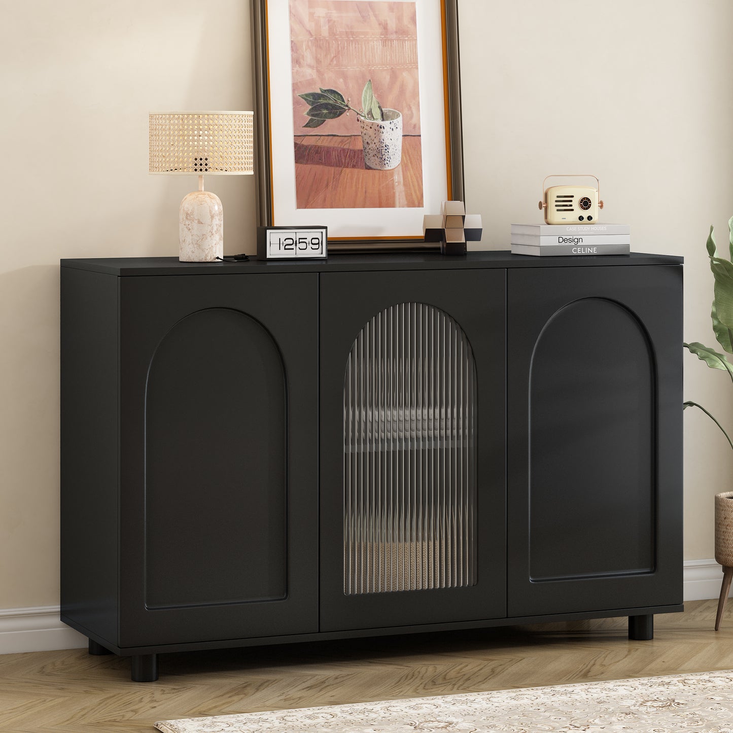 Gigab2b original image - Elegantes und schlichtes U-förmiges Sideboard in schwarz mit Glastür und Rebounder-Design für Küche, Wohnzimmer und Esszimmer.
