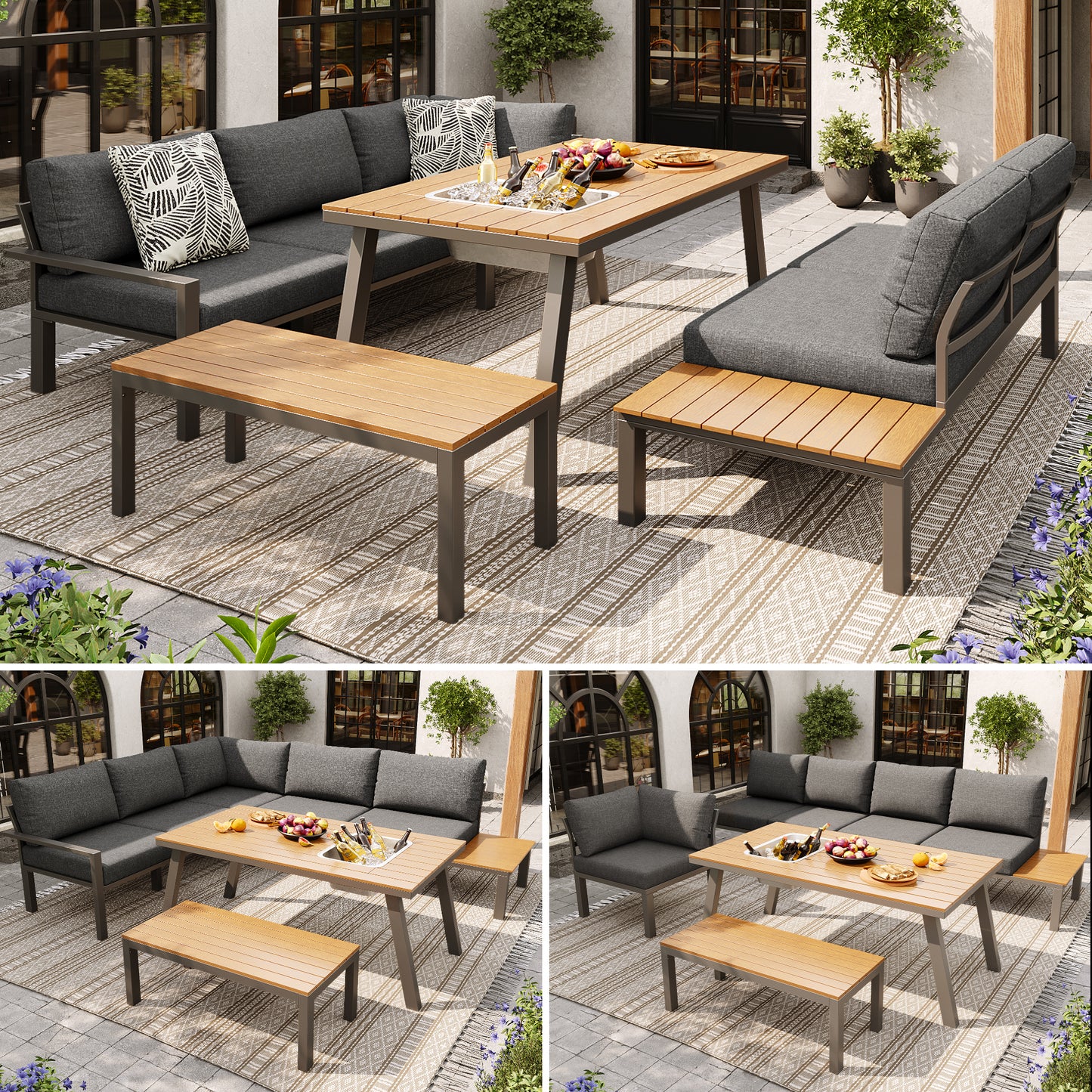 Gigab2b original image - Garten-Lounge-Set für 6-7 Personen, geeignet für Garten, Balkon, Terrasse, wetterfeste Sitzgruppe, Essgruppe, modernes Gartenmöbel-Set, Gestell aus verzinktem Eisen, Tischplatte mit Eiskübel