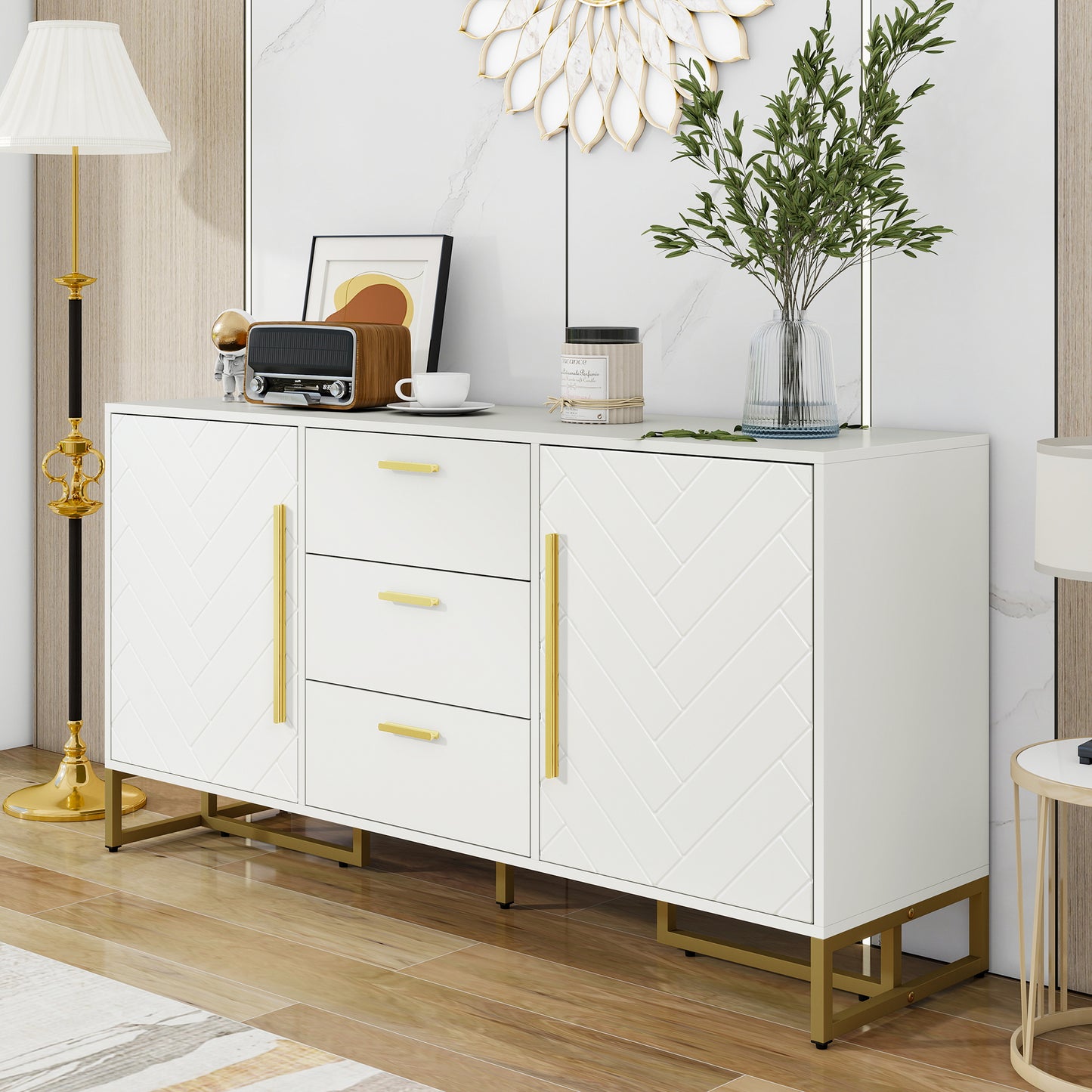 Gigab2b original image - Weißes elegantes Sideboard mit Fischgrätenmuster, mit 2 Türen und 3 Schubladen für Esszimmer, Küche und Wohnzimmer (Weiß)
