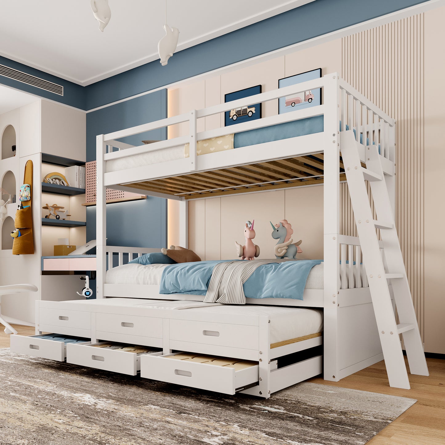 =(WX000121AAK)Etagenbett 90x200cm, Kinderbett, Hausbett für Mädchen und Jungen, Bettgestell aus Kiefernholz und MDF mit Leiter undausziehbarem Bett und 3 Schubladen , Ohne Matratze, Weiß