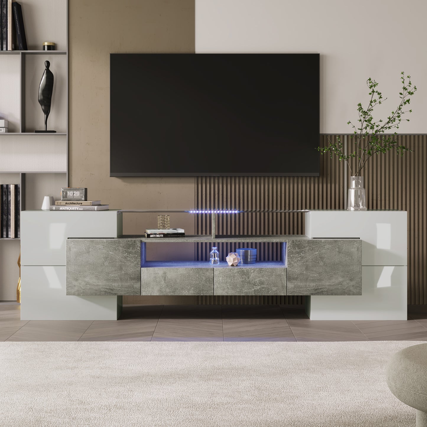 Gigab2b original image - Stilvoller TV-Schrank, Lowboard.hochglänzendes Weiß, 200 cm, LED-Beleuchtung, Wohnzimmermöbel. modernes Design. elegante Glasoberfläche.