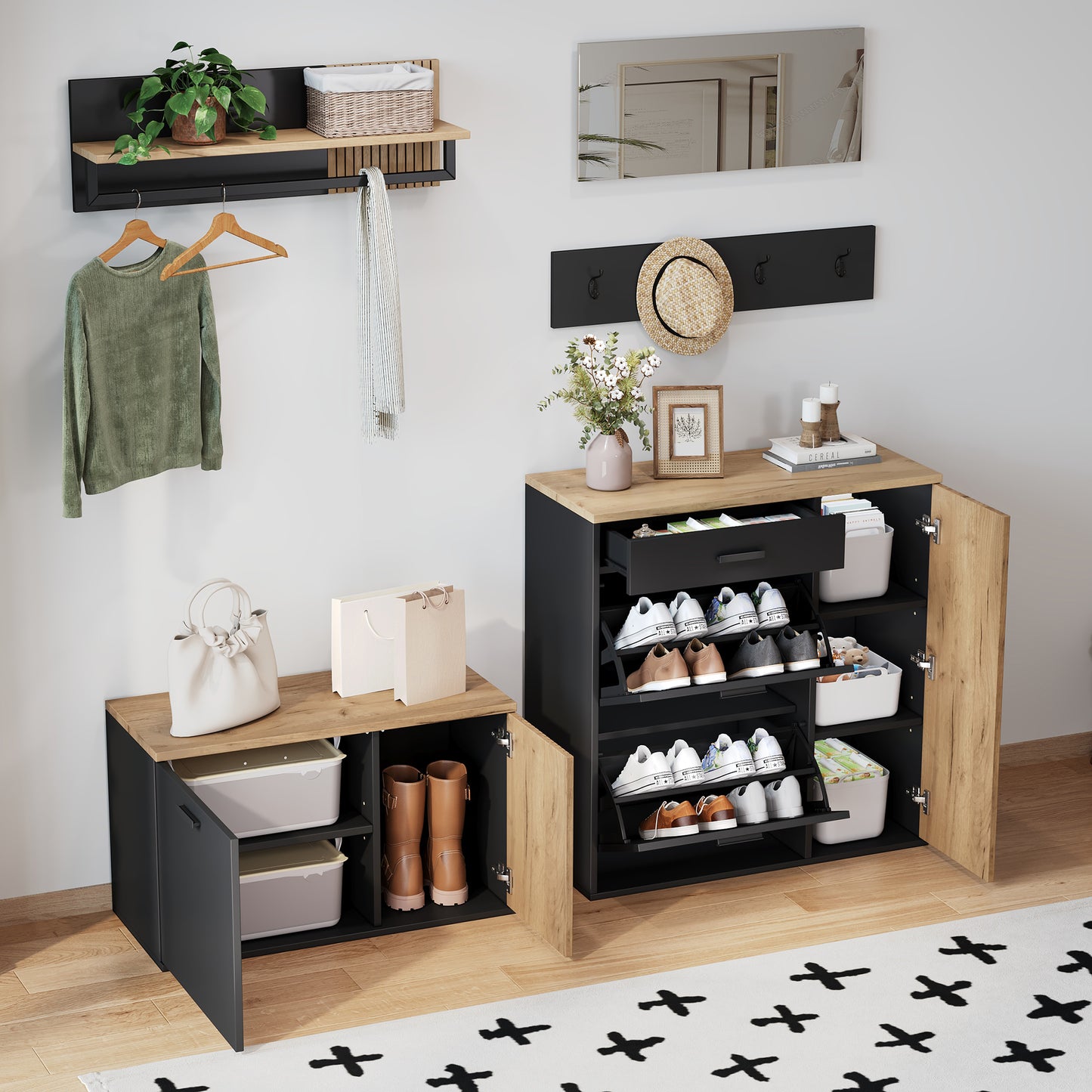 Gigab2b original image - Garderoben-Set, Schrank, Kommode, Spiegel, 2 Schuhschrank, ohne Dekoration, Garderobenpaneel mit Spiegel, Hutablage und 4 Haken,Schuhschrank mit Schuhbank, Flur mit Stauraumtrennwand