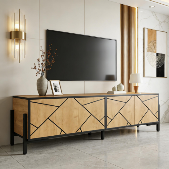 153 x 40 x 50 cm großer TV-Schrank,lowboard,TV-Ständer mit 4 Türen, kontrastierendem geometrischem Design, geeignet für Fernseher um die 65 Zoll, in natürlicher Holzfarbe mit schwarzen Linien.