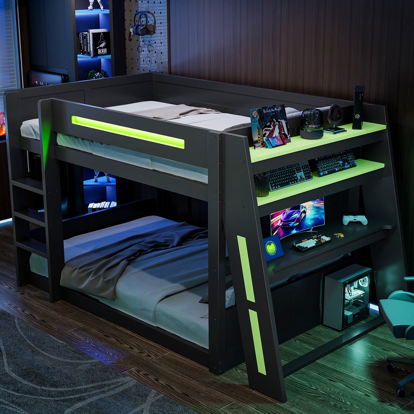 140x200 cm großes Gaming-Etagenbett aus Holz mit Schreibtisch, zwei Ablagefächern, USB-Anschluss und LED-Beleuchtung, Schwarz+Grün