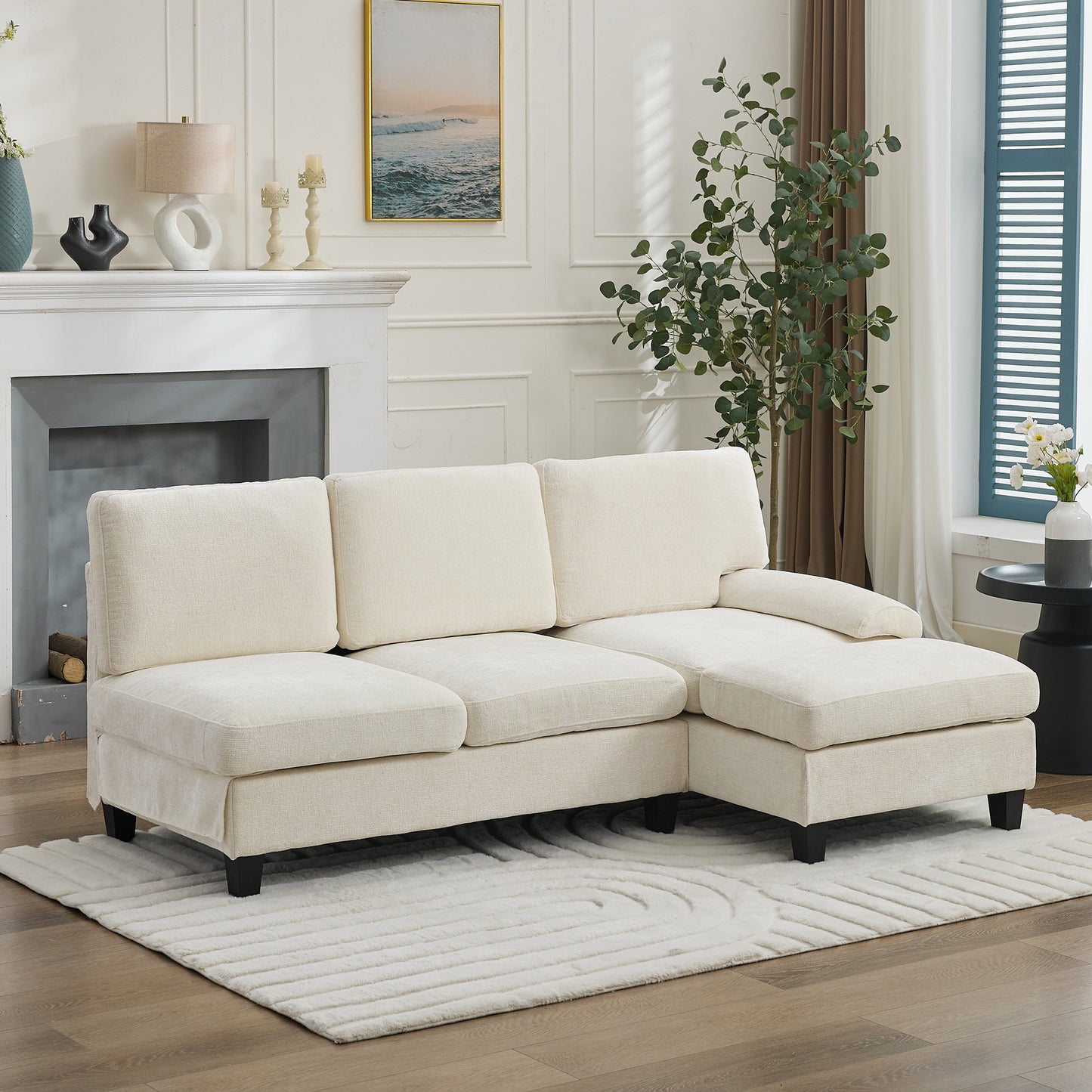 194*118*81cm Gepolstertes Sofa und Couch , 3-Sitzer-Sofa Ecksofa für Wohnzimmer, Wohnung, Lounge und Schlafzimmer – L-förmiges Schlafsofa, Freizeitsofa, Beige, Leinen