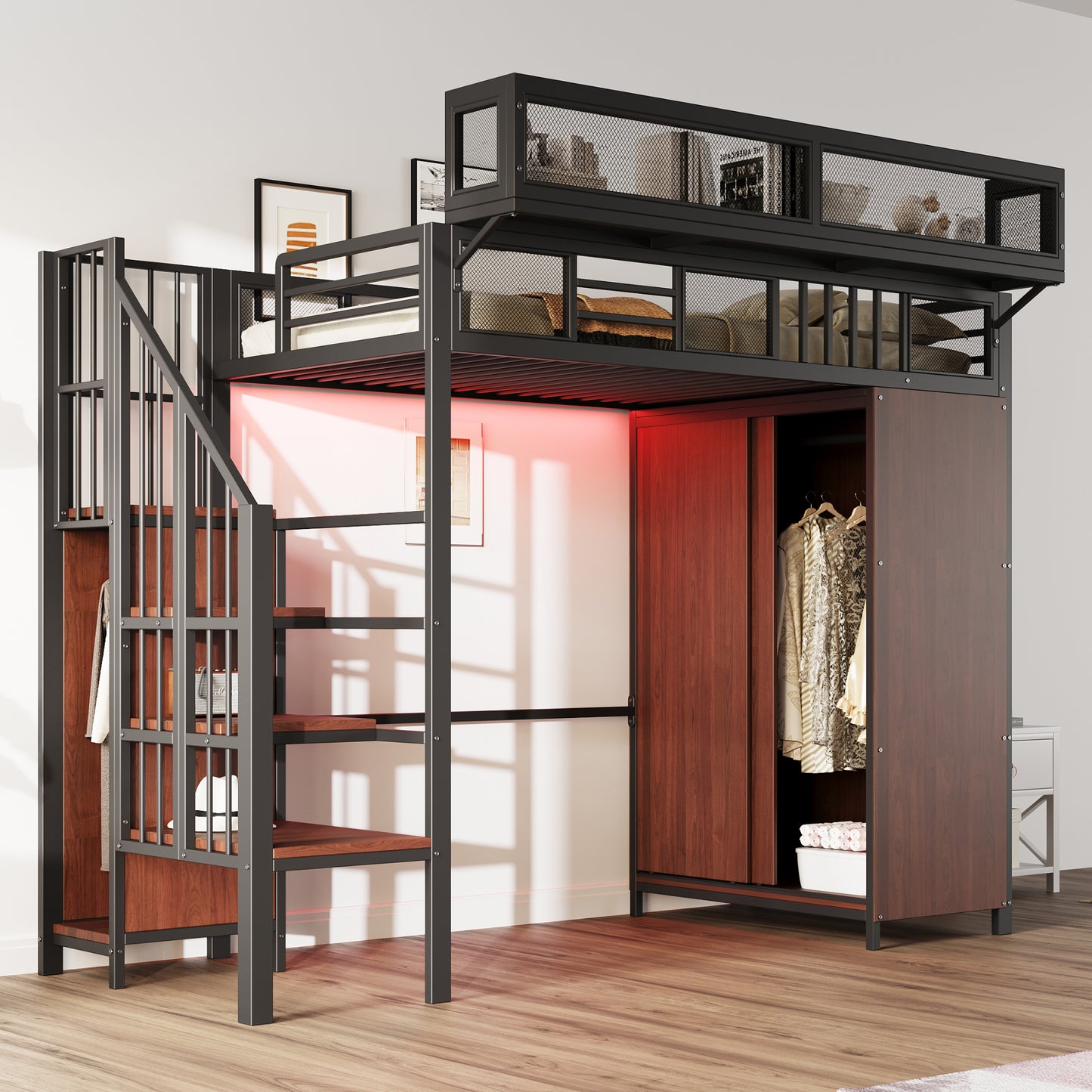 Gigab2b original image - Metall-Hochbett 90 × 200 cm Mit Kleiderschrank, Sicherheitsleiter, LED-Beleuchtung und Schutzgittern Aus Netzgewebe Mit Abnehmbaren Regalen, Schwarz