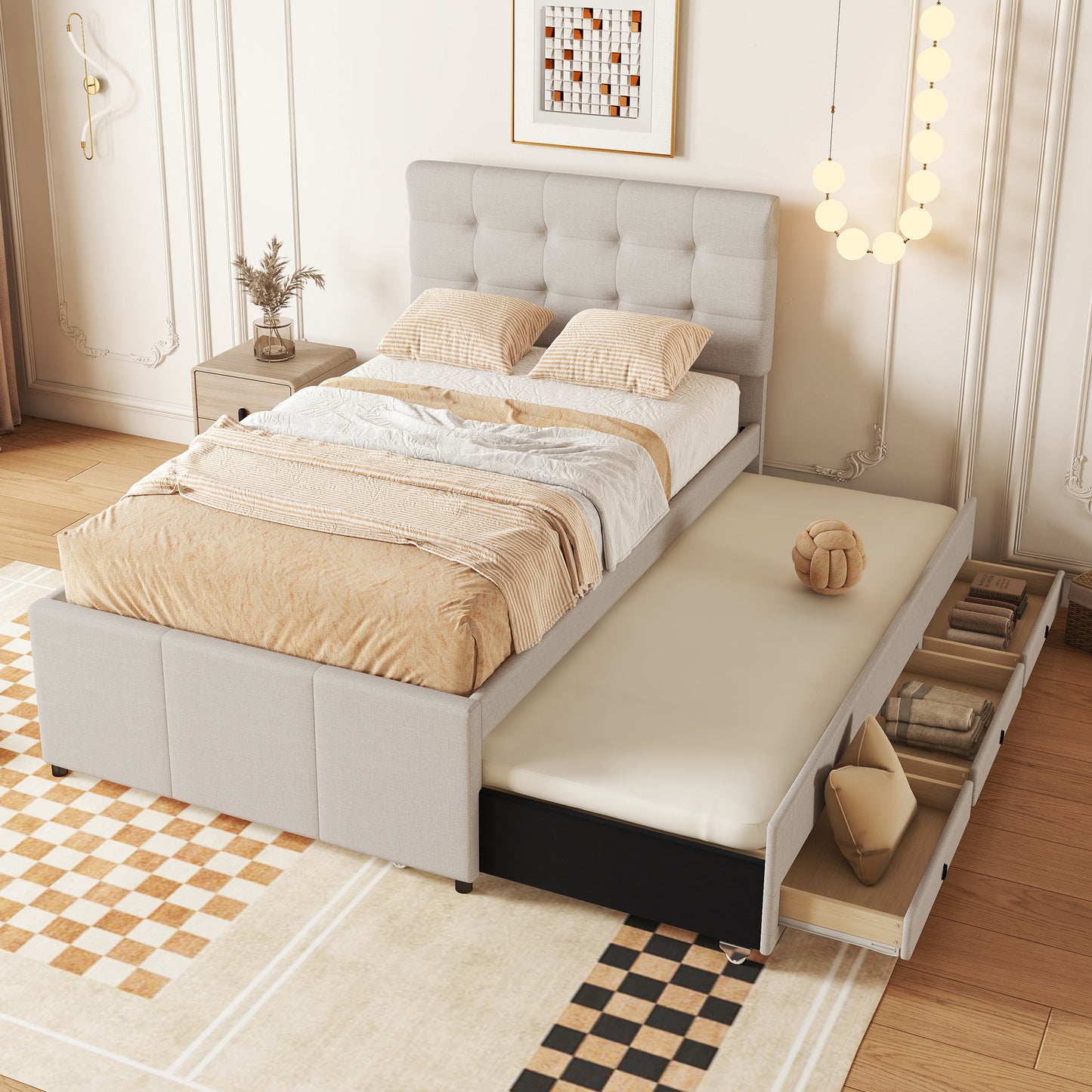 Gigab2b original image - Polsterbett, 90x200cm(90x190cm), Familienbett, Bett mit drei Schubladen, Ausziehbares Rollbett, Verstellbares Kopfteil, Ohne Matratze, Beige