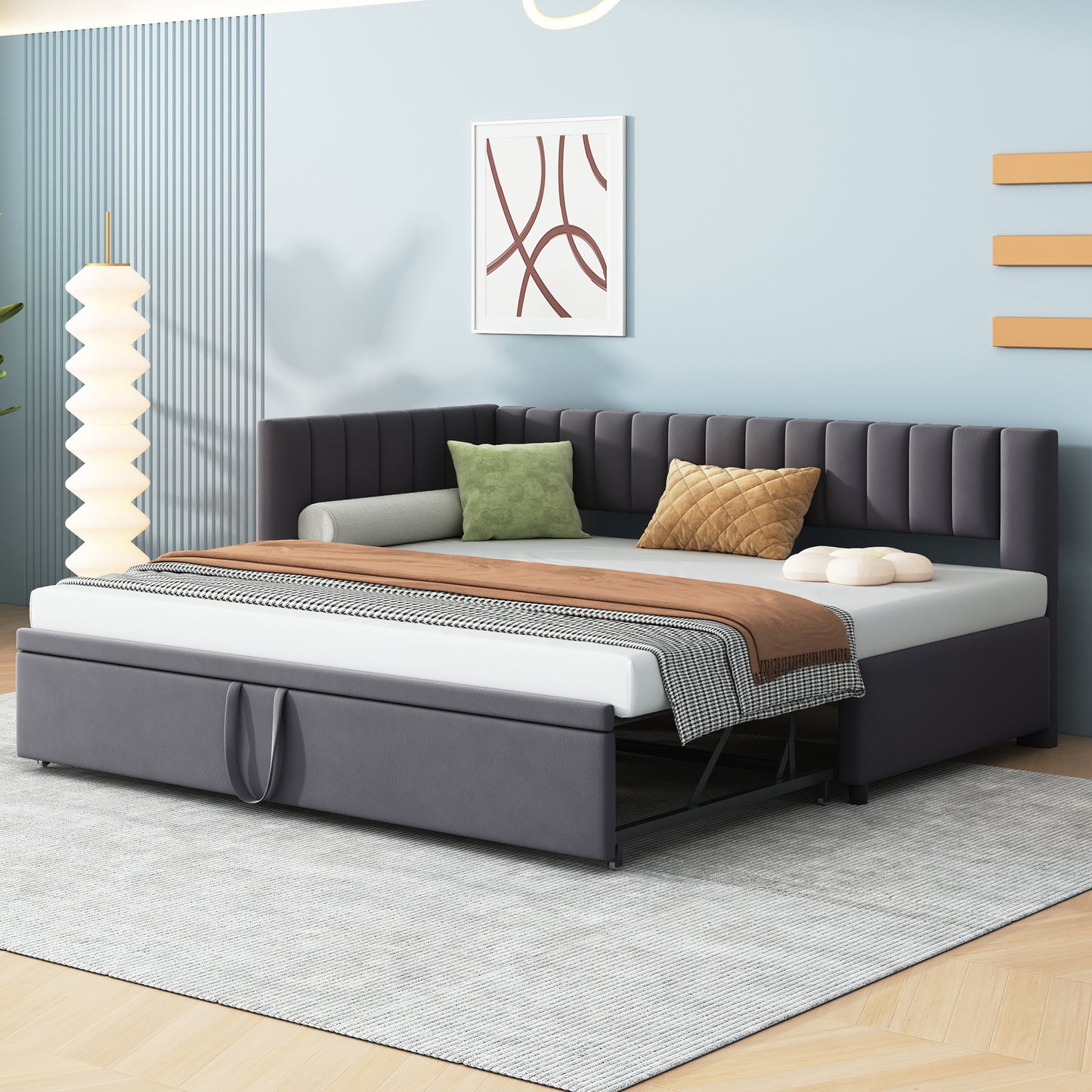 Gigab2b original image - Multifunktionales L-förmiges Schlafsofa mit Ausziehbett 90/180*200cm, Polsterbett in Samtstoff, platzsparendes Design für Kinderbett, Gästebett Grau