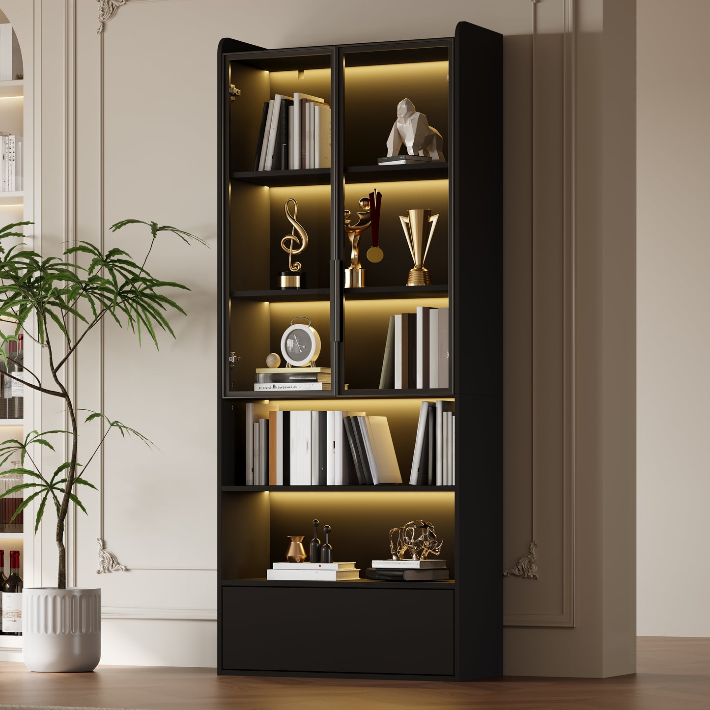 80*34*180cm Vitrine, Hochschrank mit 1 Schubladen und Glasschranktüren, Hochschrank Glasvitrine mit LED und Offene Partition, Standregal Schrank Vitrine,Wohnzimmerschrank mit Glastüren, Schwarz