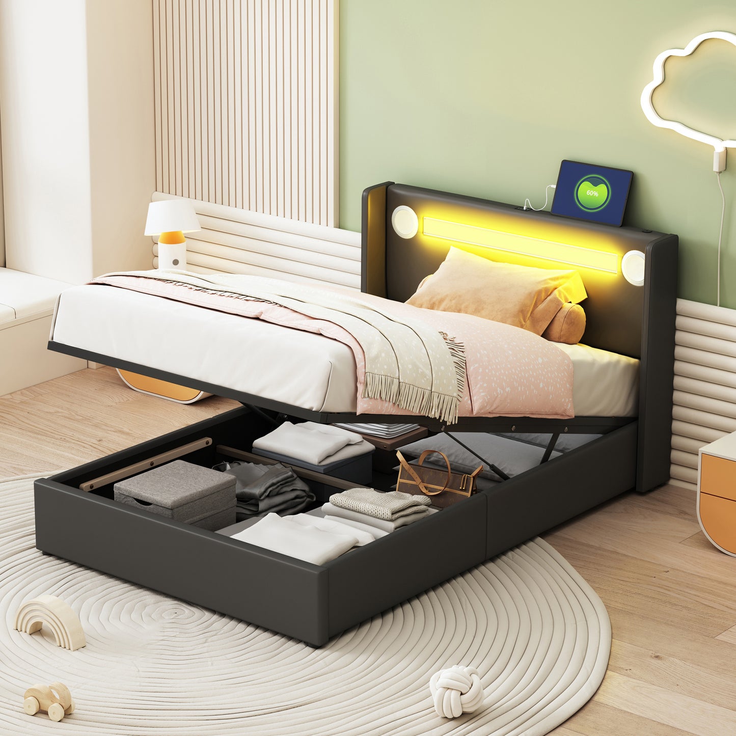 Gigab2b original image - Polsterbett Kinderbett 90x200 Bett mit LED-Lichtleiste, Bluetooth-Player und USB-Aufladung, PU-Leder-Aufbewahrungsbett, Hochbettkasten, Jugendbett mit Lattenrost