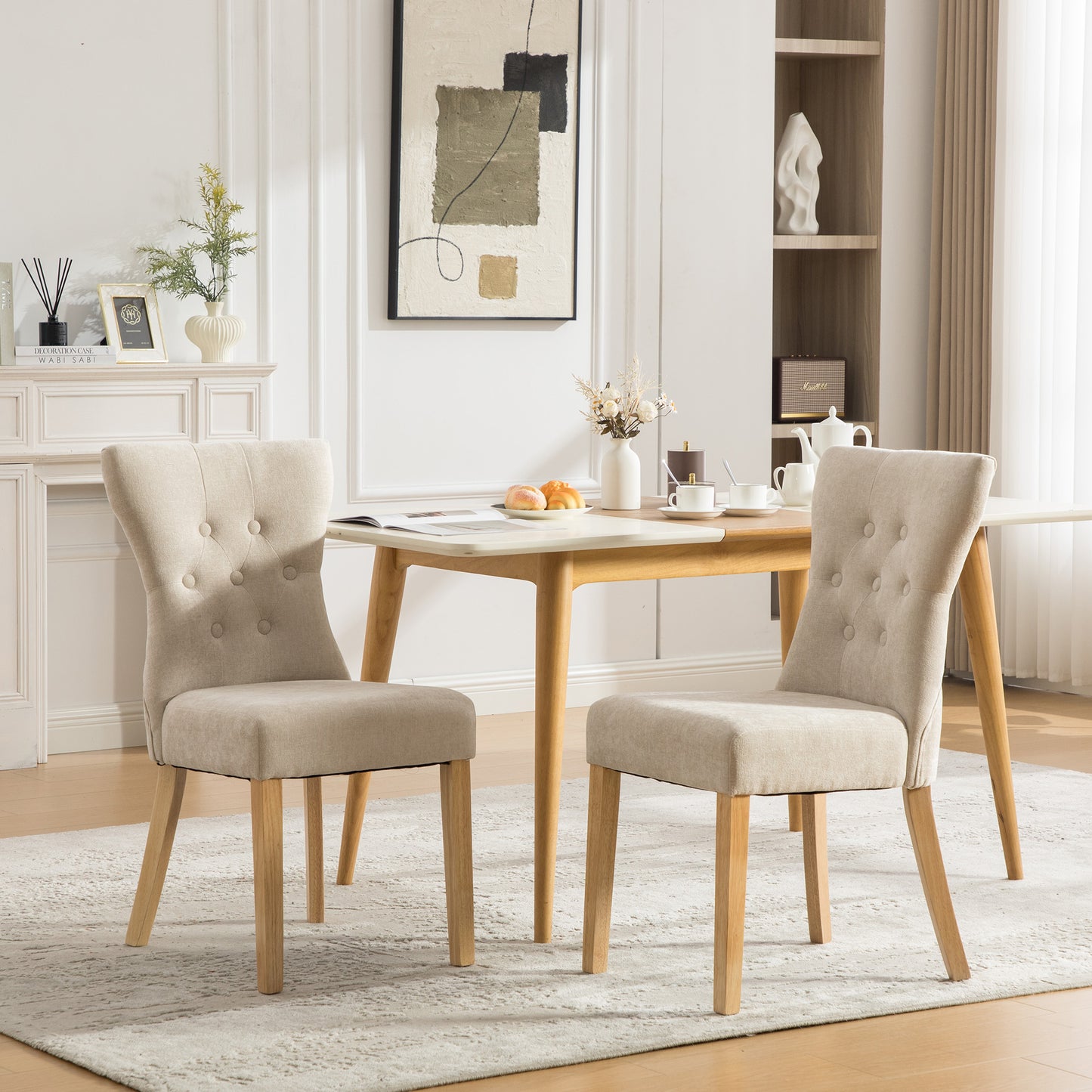 Gigab2b original image - Moderne hochwertige gepolsterte Esszimmerstühle aus Massivholz mit Chenille-Stoffbezug, mit Massivholzbeinen und Nietenverzierung. 2 Stück pro Karton.-Beige