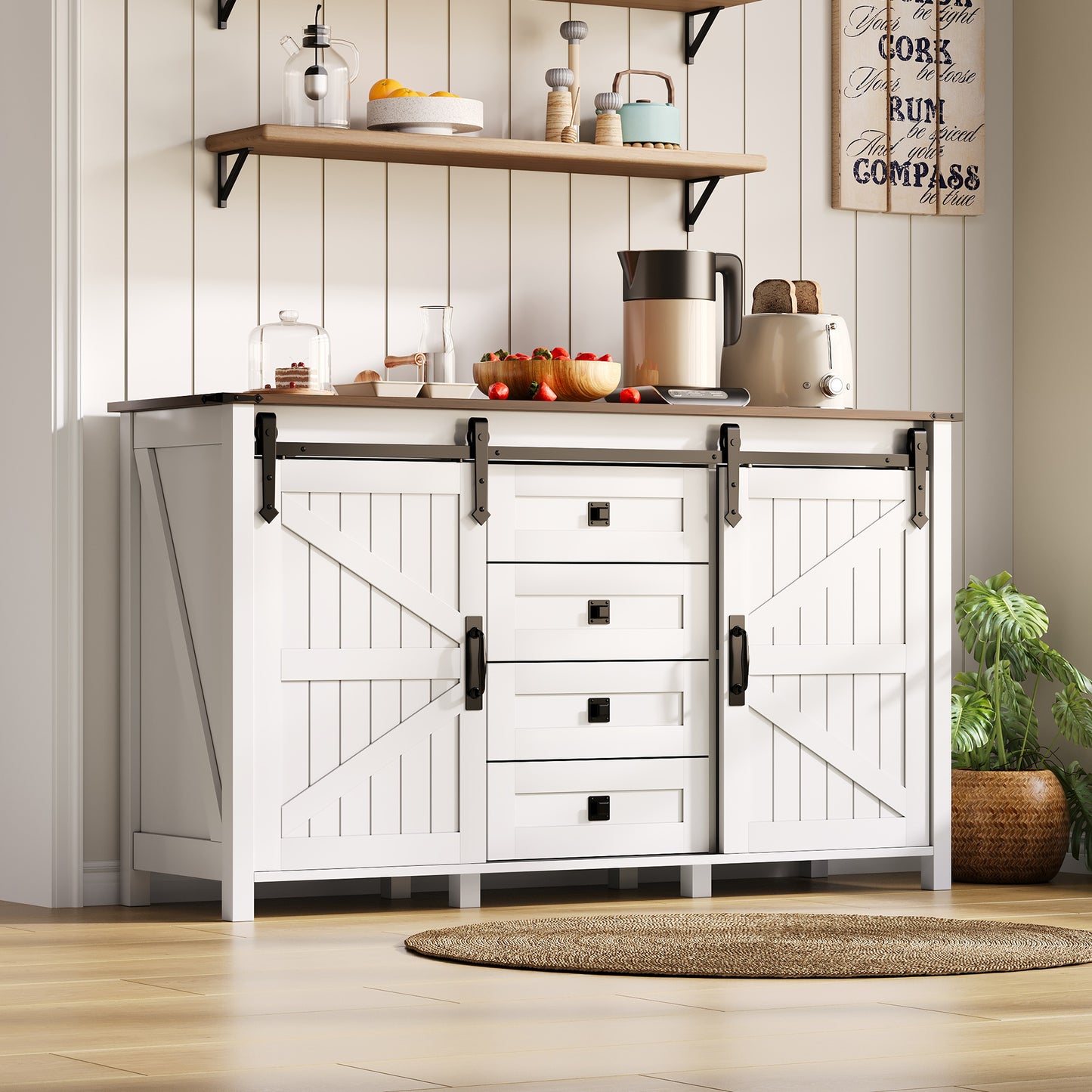 Gigab2b original image - Sideboard mit Stauraum, 137 cm breiter Seitenschrank mit Schiebetüren und 4 Schubladen, Vintage-Kaffeebar-Sideboard, geeignet für Küche, Esszimmer und Wohnzimmer, weiß.