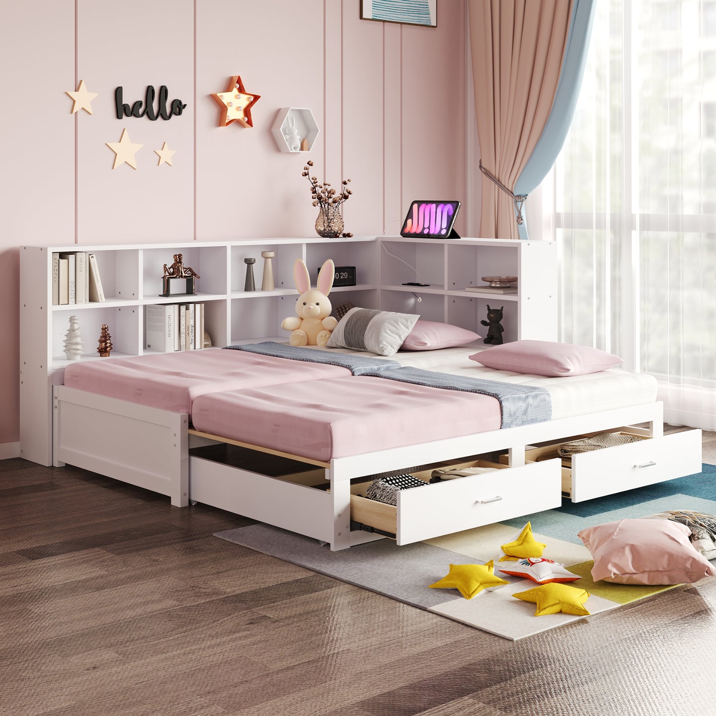 Gigab2b original image - Massivholzsofa 90/180*190cm, Mit Ausziehbarem Bett, Mit Staufach, multifunktionale Euro-Steckdose, Schubladen, Lattenrost, Multifunktionales Einzelholzbett, Weiß